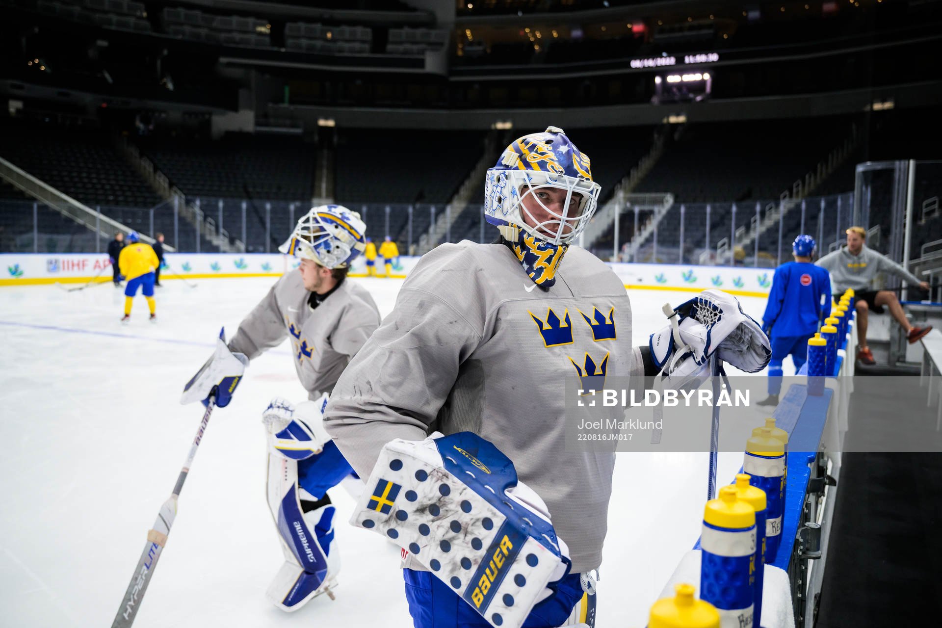Goaltenders Jesper Wallstedt and Calle Clang of Sweden at a