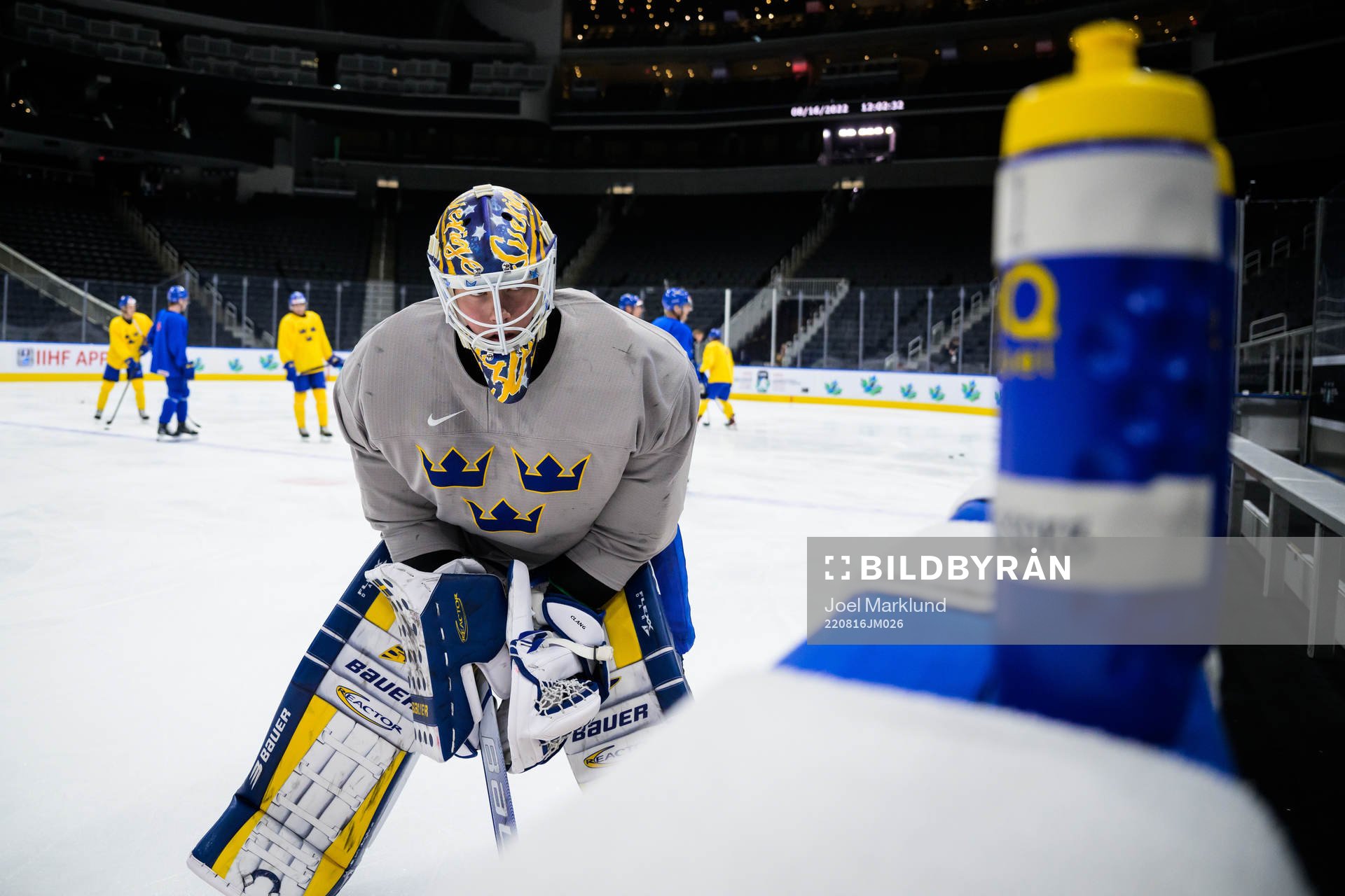 Goaltender Calle Clang of Sweden at a practice session