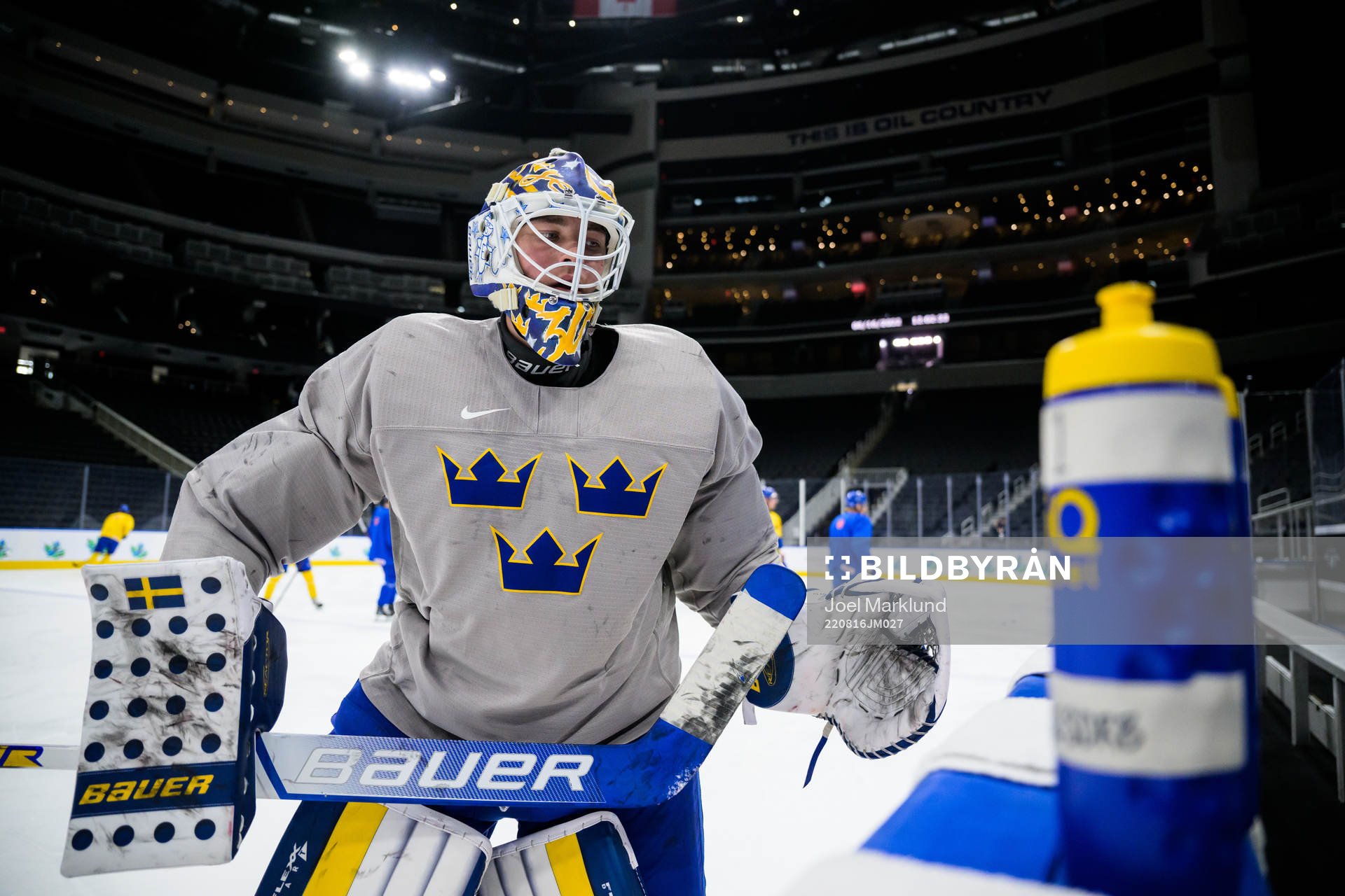 Goaltender Calle Clang of Sweden at a practice session