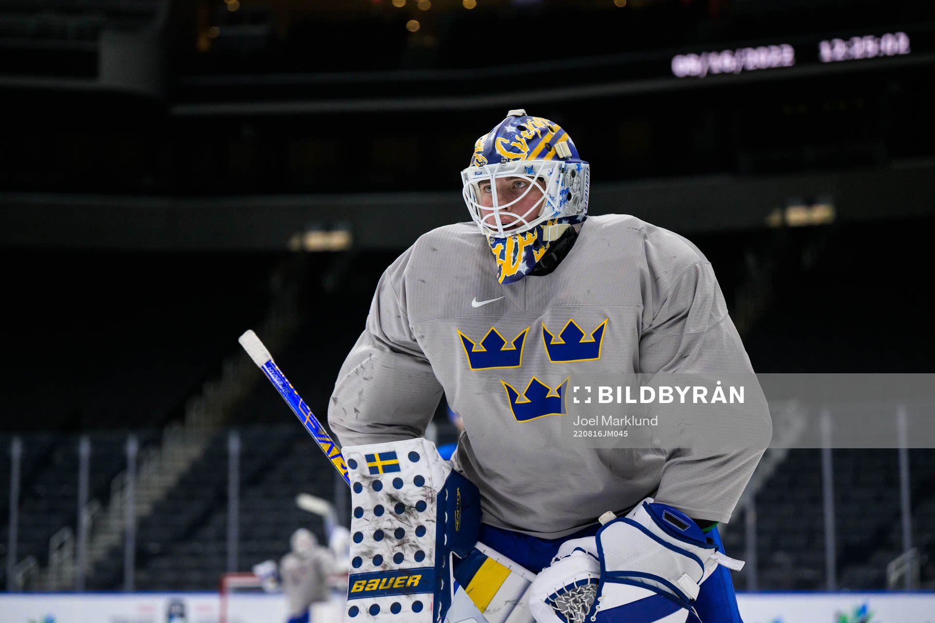 Goaltender Calle Clang of Sweden at a practice session