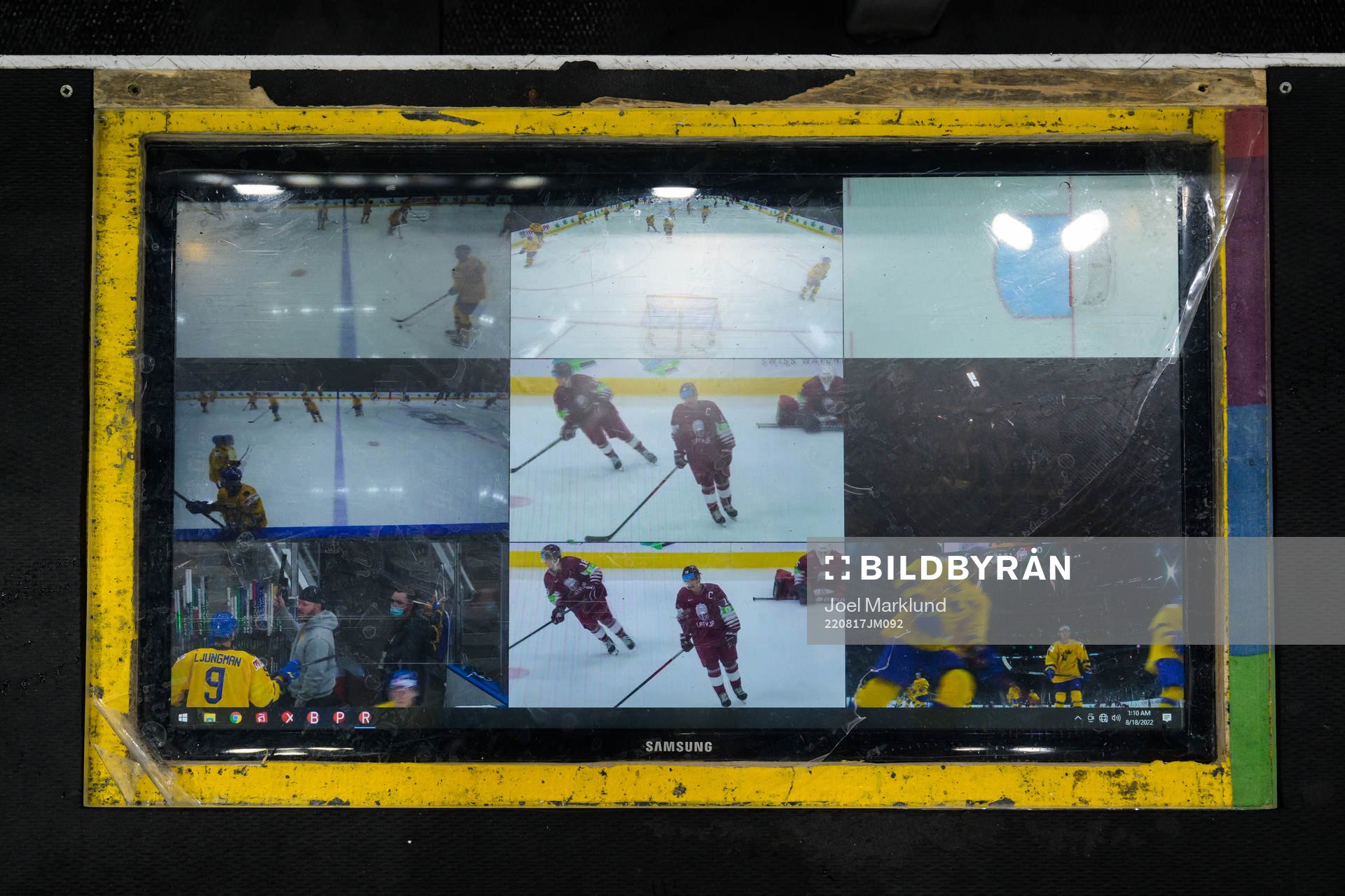 A tv screen at coaches position showing broadcast video