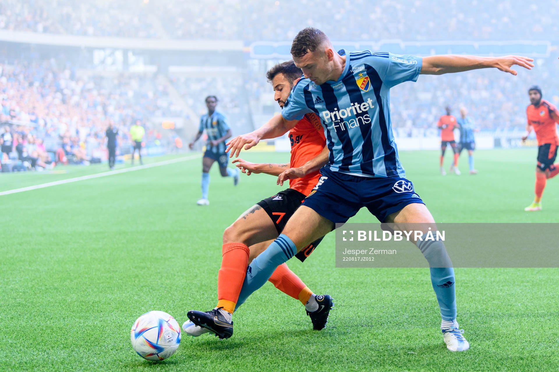 Franco Ariel Ferrari of Apoel and Piotr Johansson of Djurgården during the UEFA Europa Conference League playoff match between Djurgården and Apoel on August 17, 2022 in Stockholm. 