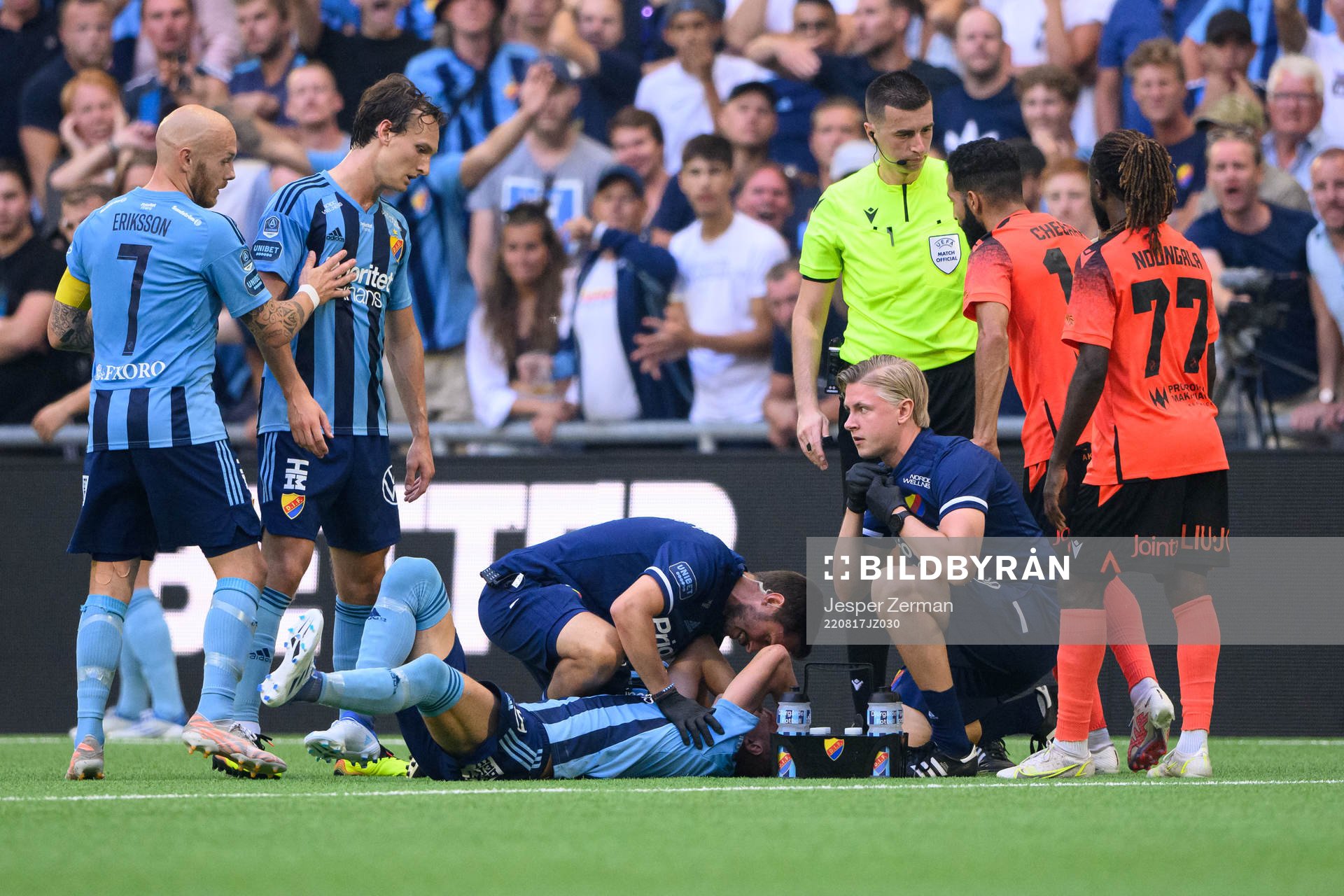 Haris Radetinac of Djurgården receives medical attention