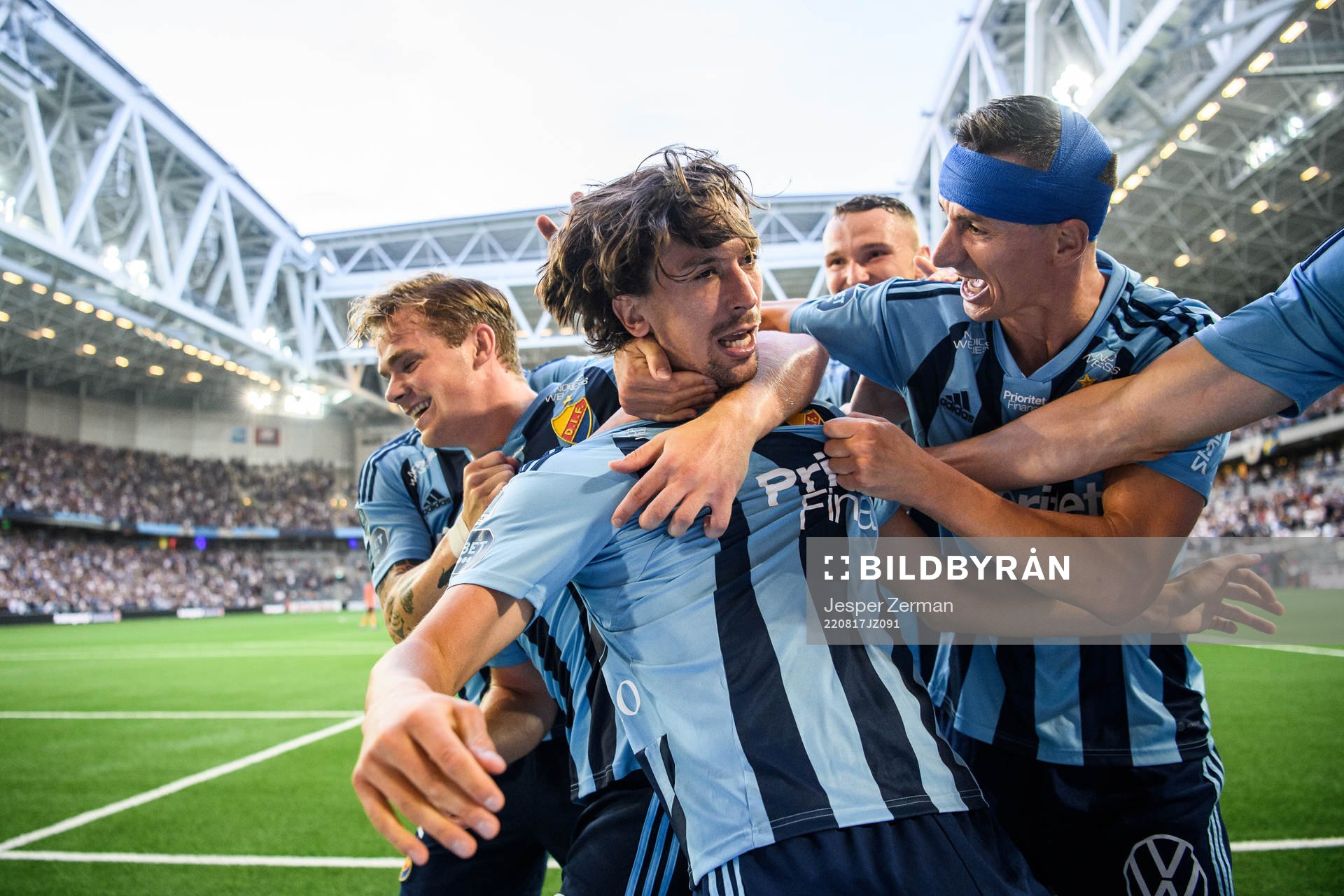 Gustav Wikheim of Djurgården celebrate with teammates after scoring 3-0 during the UEFA Europa Conference League playoff match between Djurgården and Apoel on August 17, 2022 in Stockholm. 