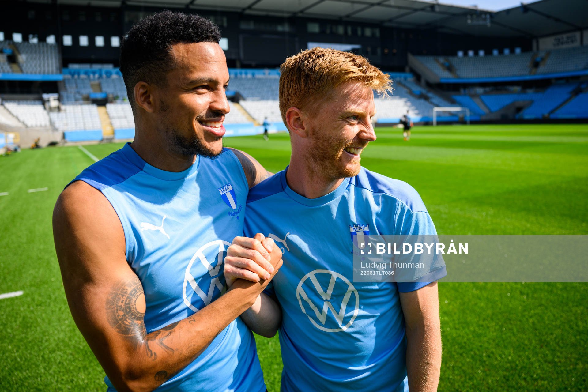 Martin Olsson and Anders Christiansen during a training session with Malmö FF on August 17, 2022 in Malmö. 