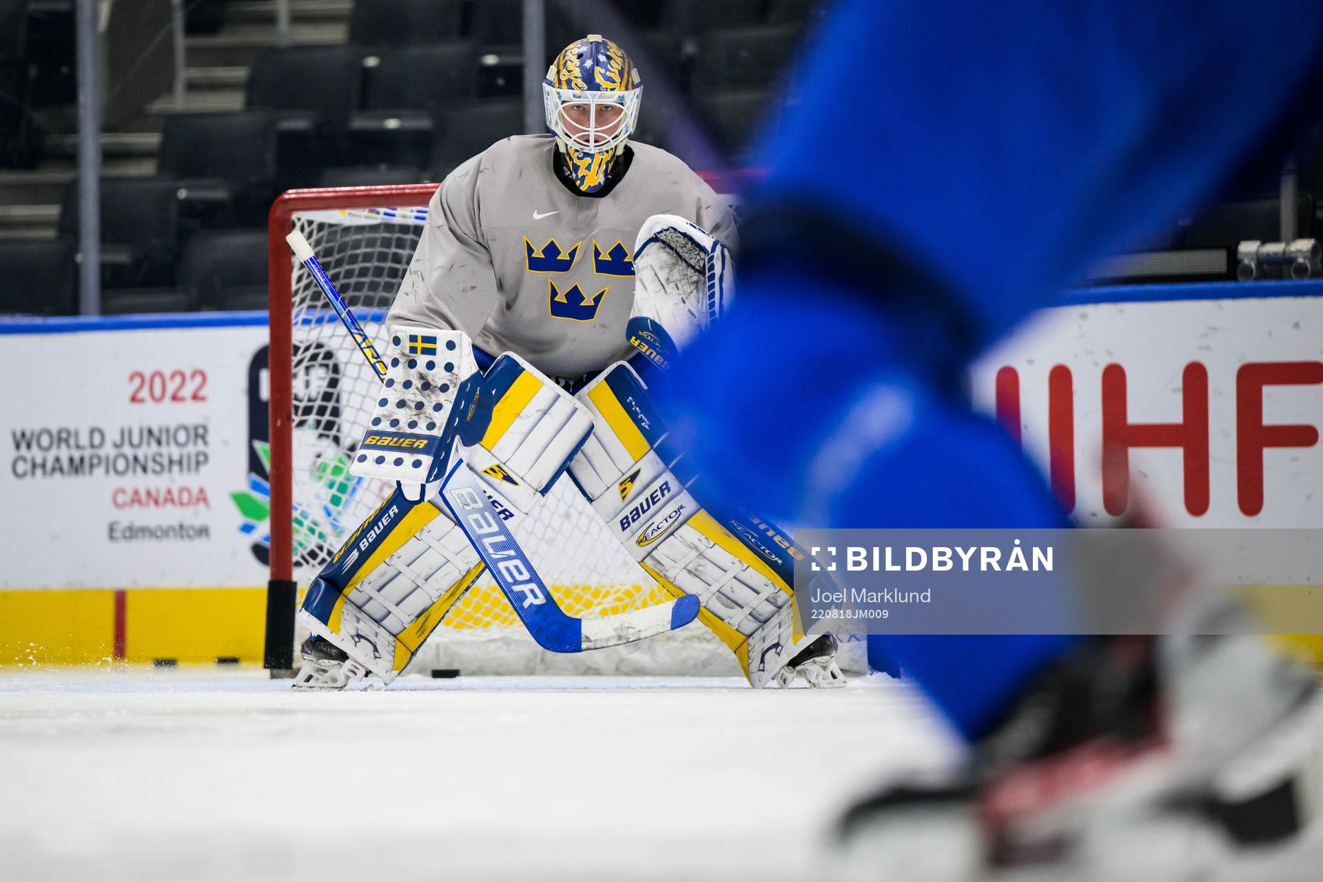 Goaltender Calle Clang of Sweden at a practice session