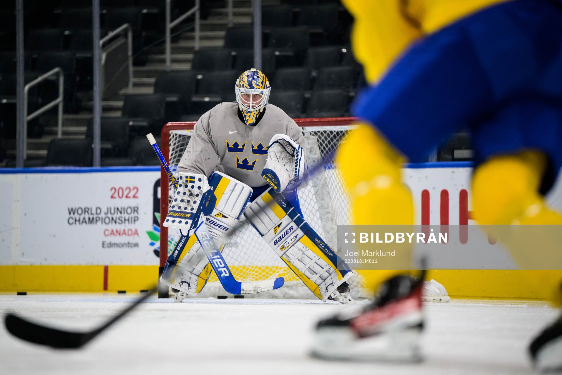 Goaltender Calle Clang of Sweden at a practice session