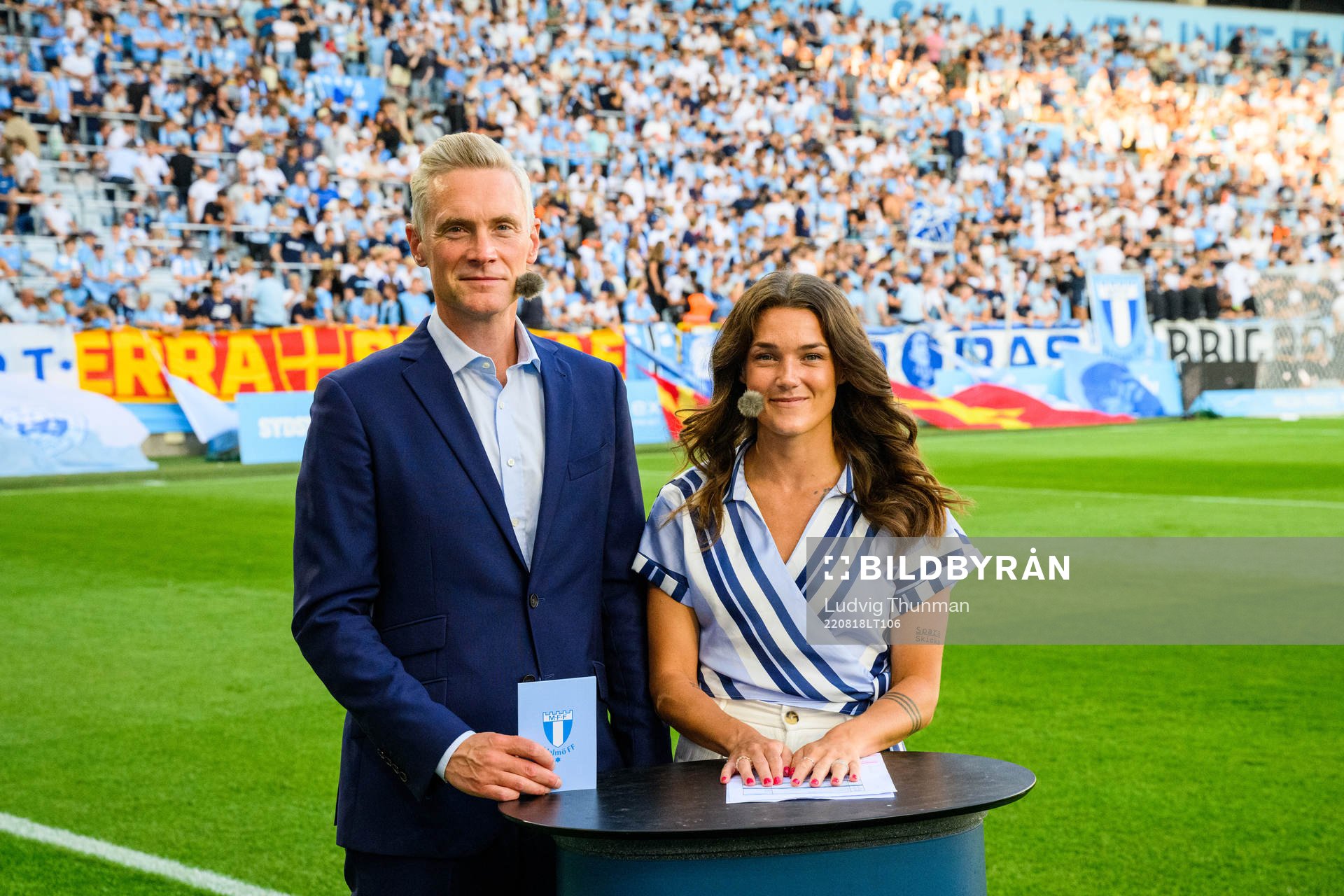 Communication director Mattias Larsson and Saga Fredriksson in the studio ahead of the UEFA Europa League play-off match between Malmö FF and Sivasspor on August 18, 2022 in Malmö.