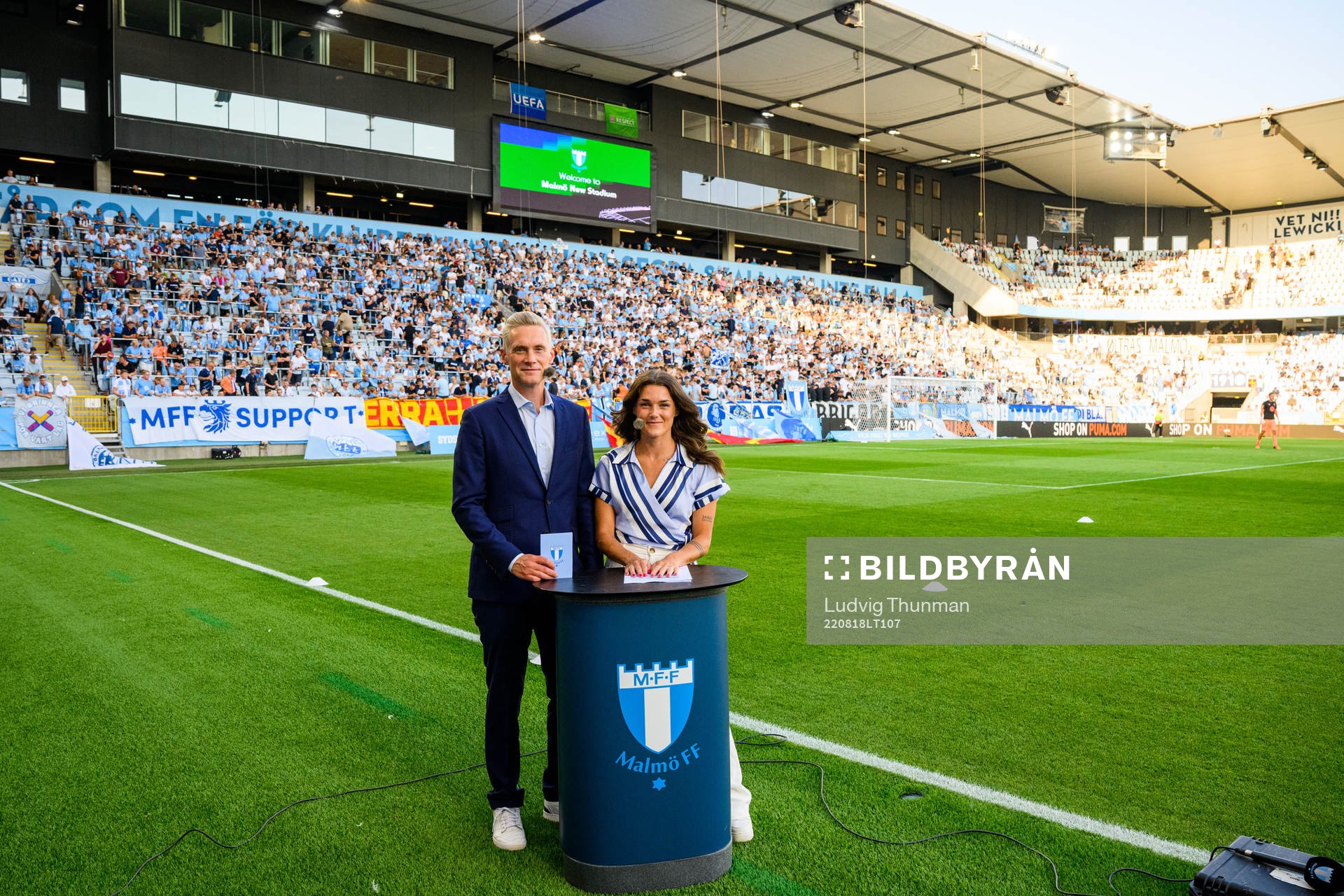 Communication director Mattias Larsson and Saga Fredriksson in the studio ahead of the UEFA Europa League play-off match between Malmö FF and Sivasspor on August 18, 2022 in Malmö.