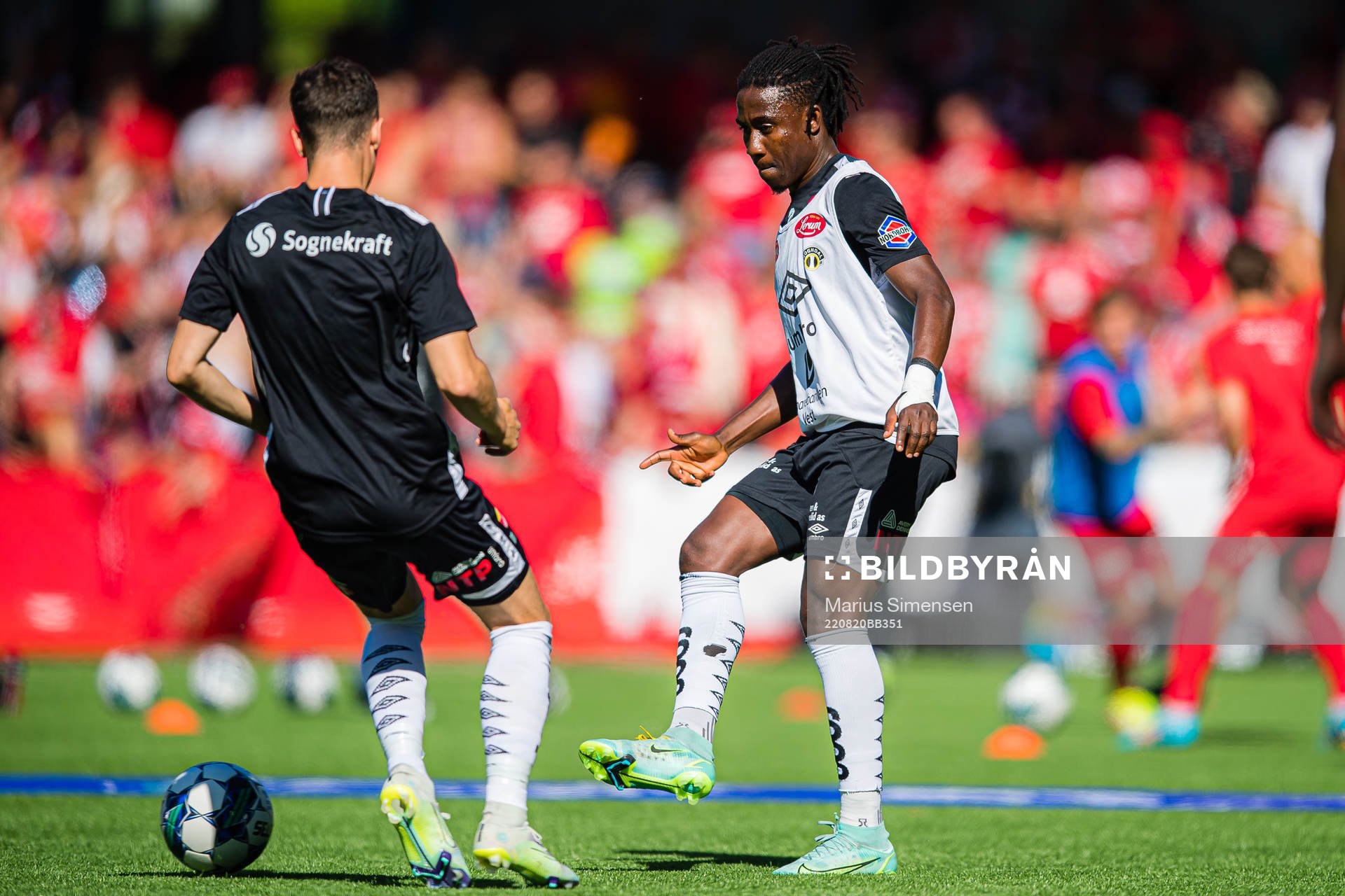 Isaac Twum of Sogndal warms up ahead of the OBOS-ligaen match between Sogndal and Brann on August 20, 2022 in Sogndal.