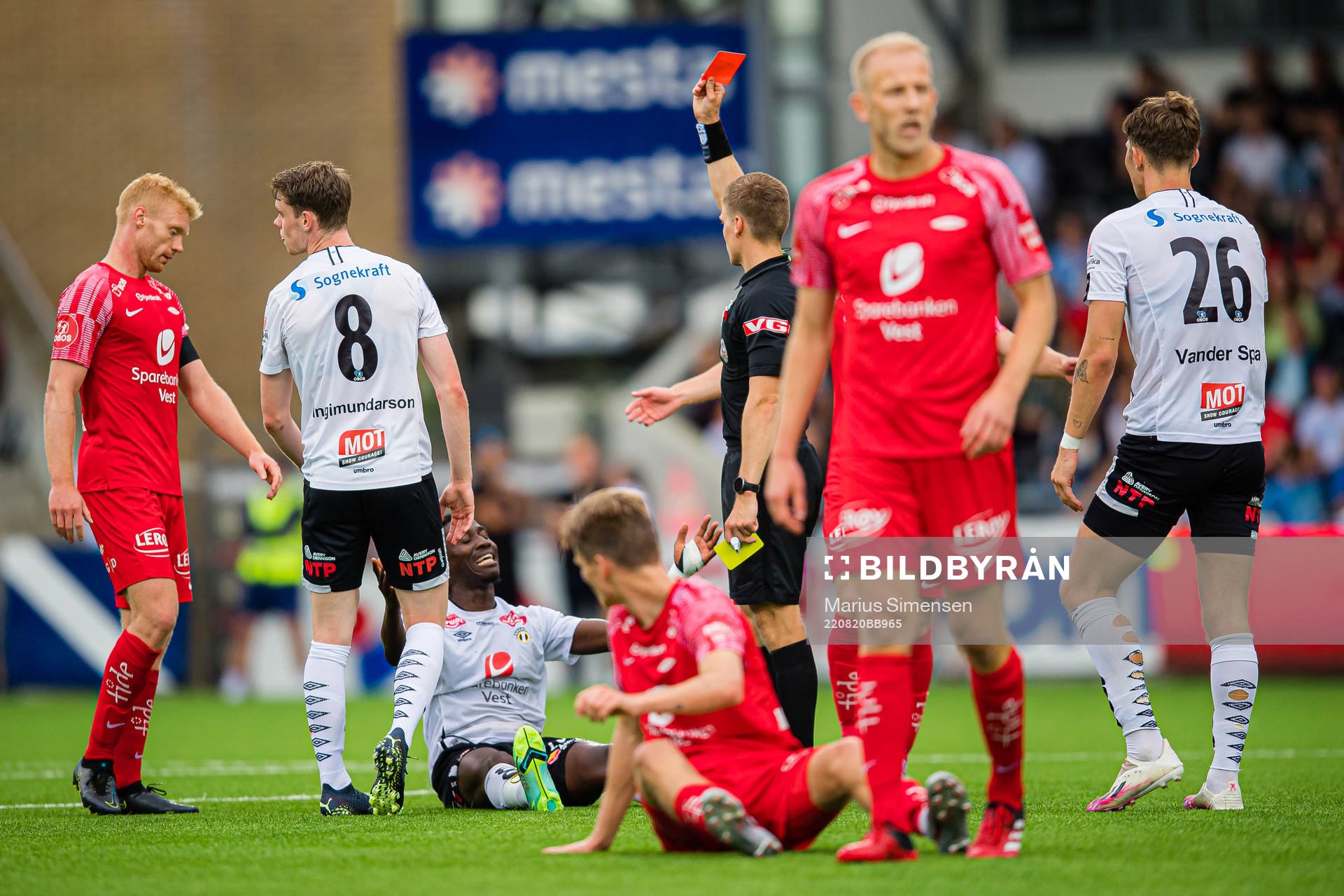 Isaac Twum of Sogndal after receiving a red card by Mathias Støfringshaug, referee, during the OBOS-ligaen match between Sogndal and Brann on August 20, 2022 in Sogndal.