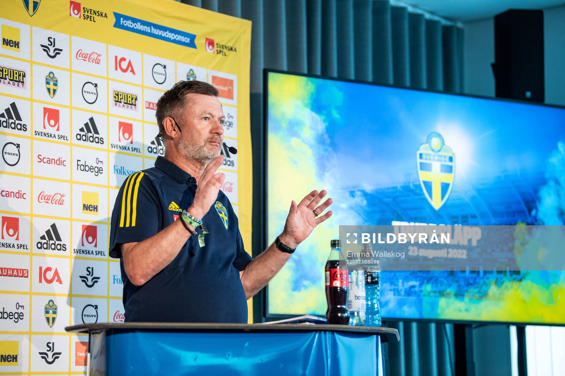 Peter Gerhardsson, head coach of the Swedish women's national football team during a press conference on August 23, 2022 in Stockholm.
