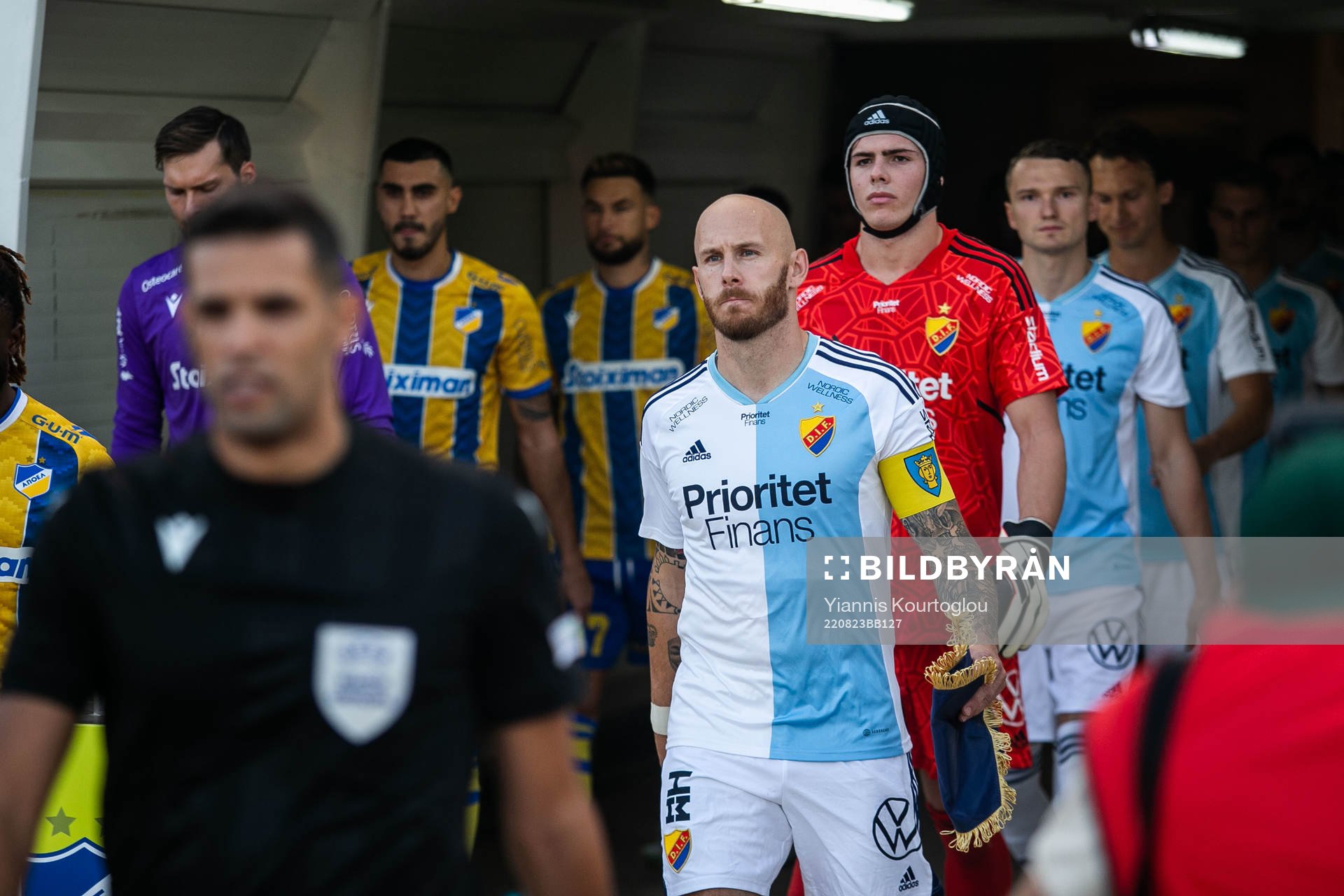 Magnus Eriksson and goalkeeper Jacob Widell Zetterström of Djurgården ahead of the UEFA Conference League playoff match between Apoel and Djurgården on August 23, 2022 in Strovolos.