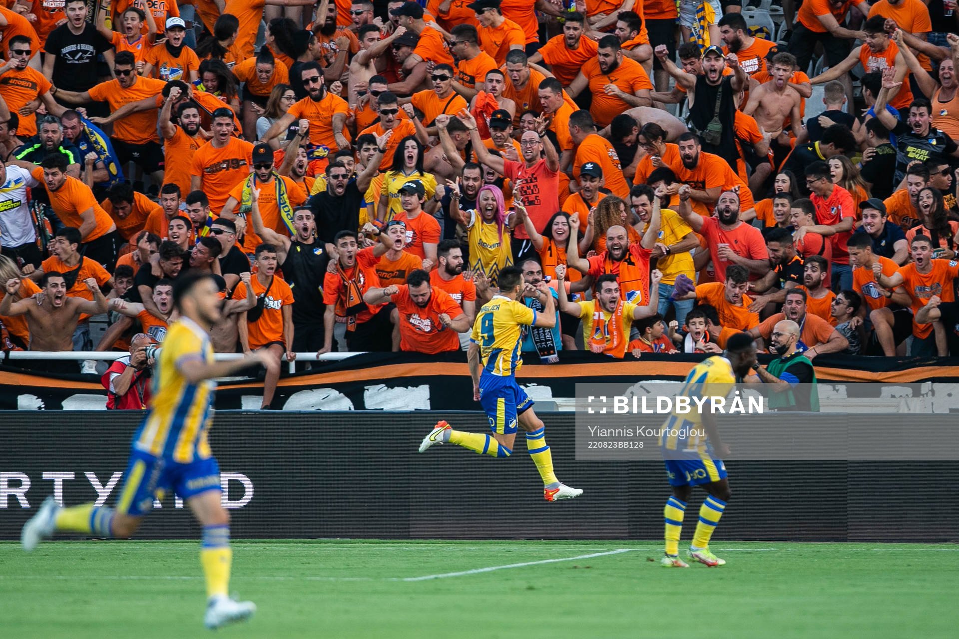 Anton Maglica of Apoel celebrates after 1-0 during the UEFA Conference League playoff match between Apoel and Djurgården on August 23, 2022 in Strovolos.