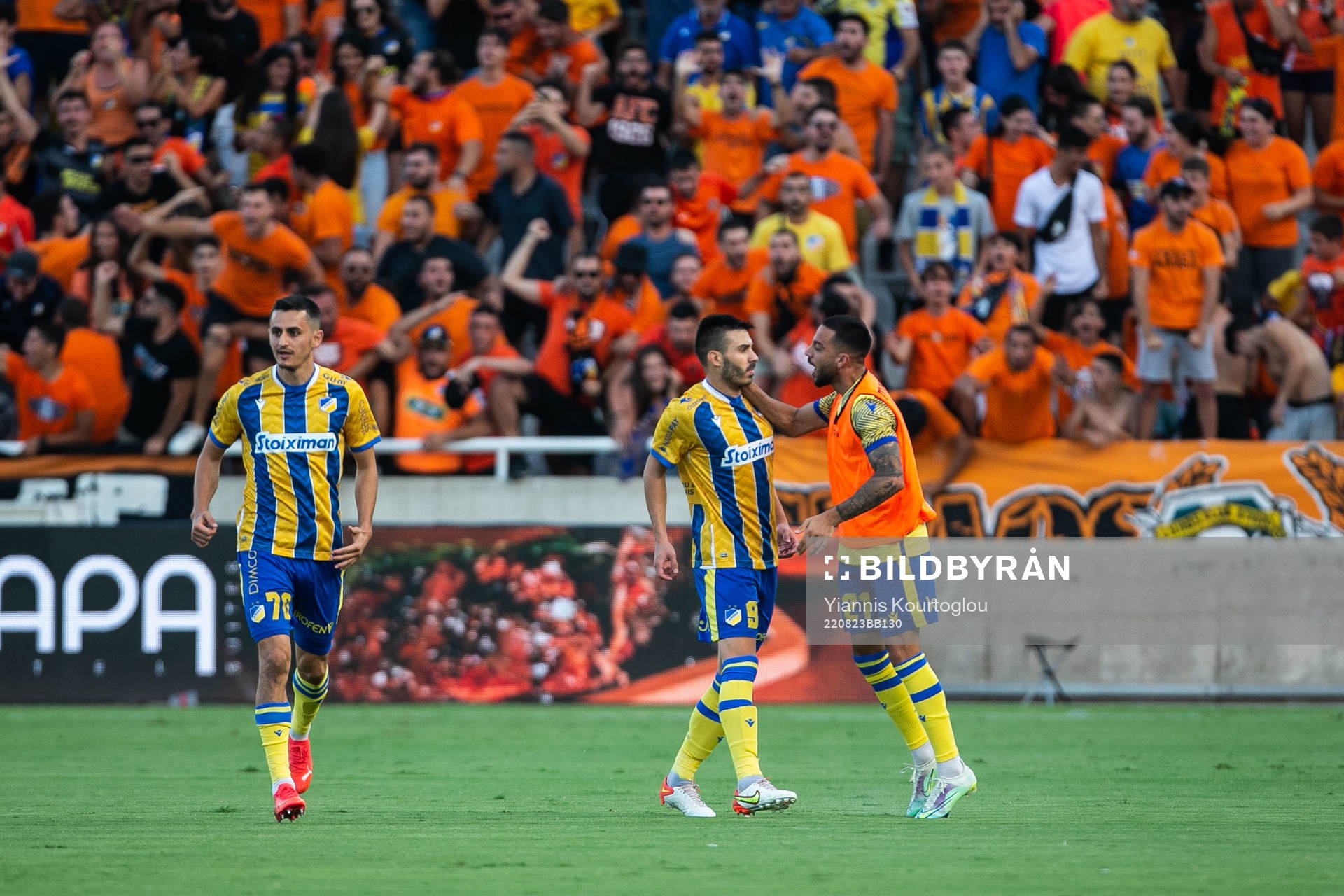 Anton Maglica and Dimitris Theodorou of Apoel celebrate after 1-0 during the UEFA Conference League playoff match between Apoel and Djurgården on August 23, 2022 in Strovolos.