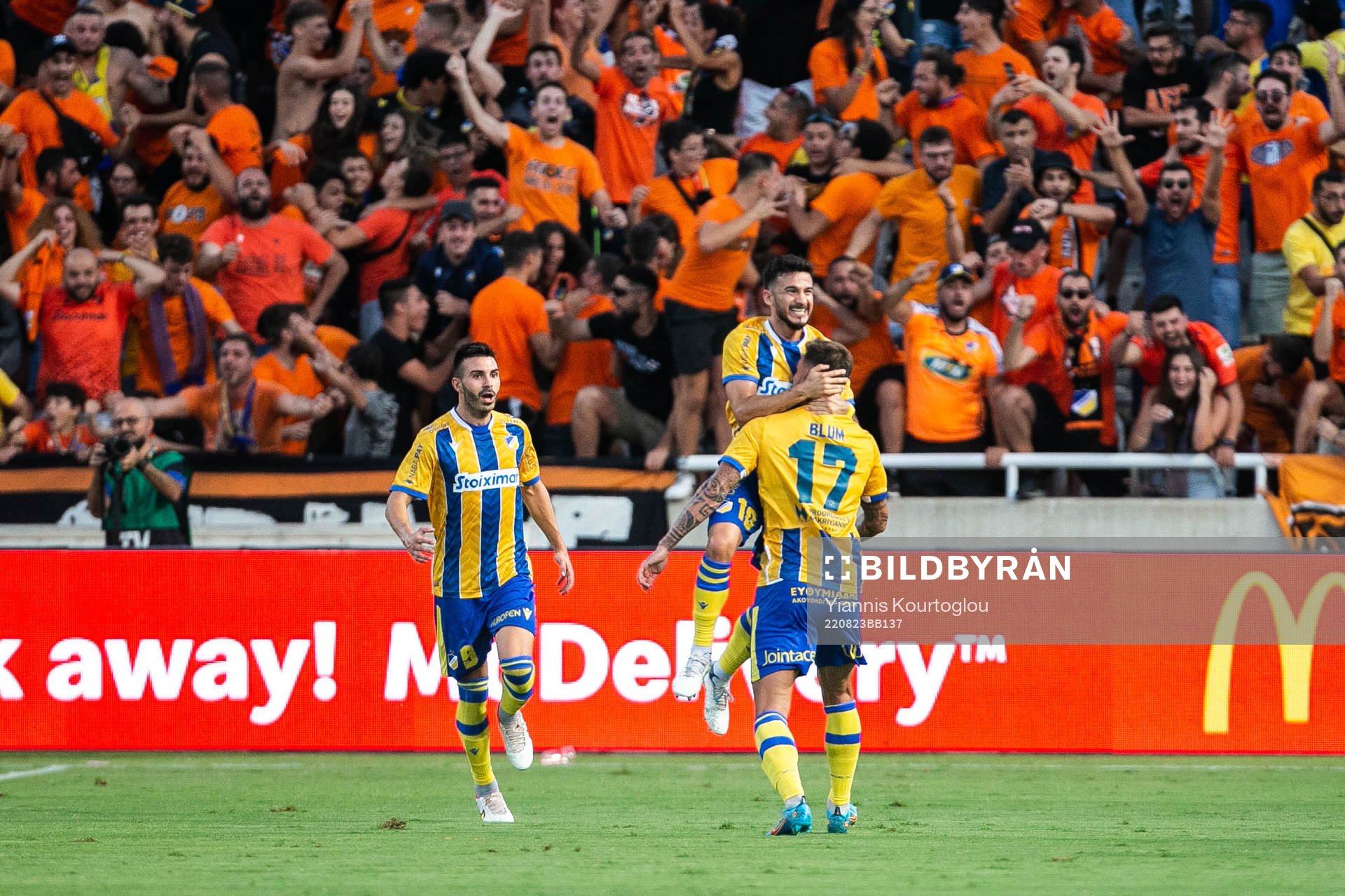 Anton Maglica, Danny Blum and Lucas Villafanez celebrate after 2-0 during the UEFA Conference League playoff match between Apoel and Djurgården on August 23, 2022 in Strovolos.