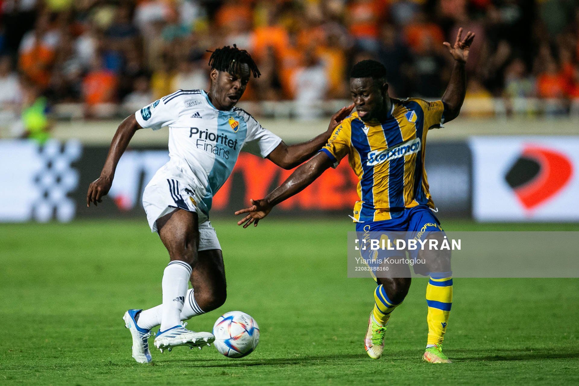 Joel Asoro of Djurgården and Kingsley Sarfo of Apoel during the UEFA Conference League playoff match between Apoel and Djurgården on August 23, 2022 in Strovolos.
