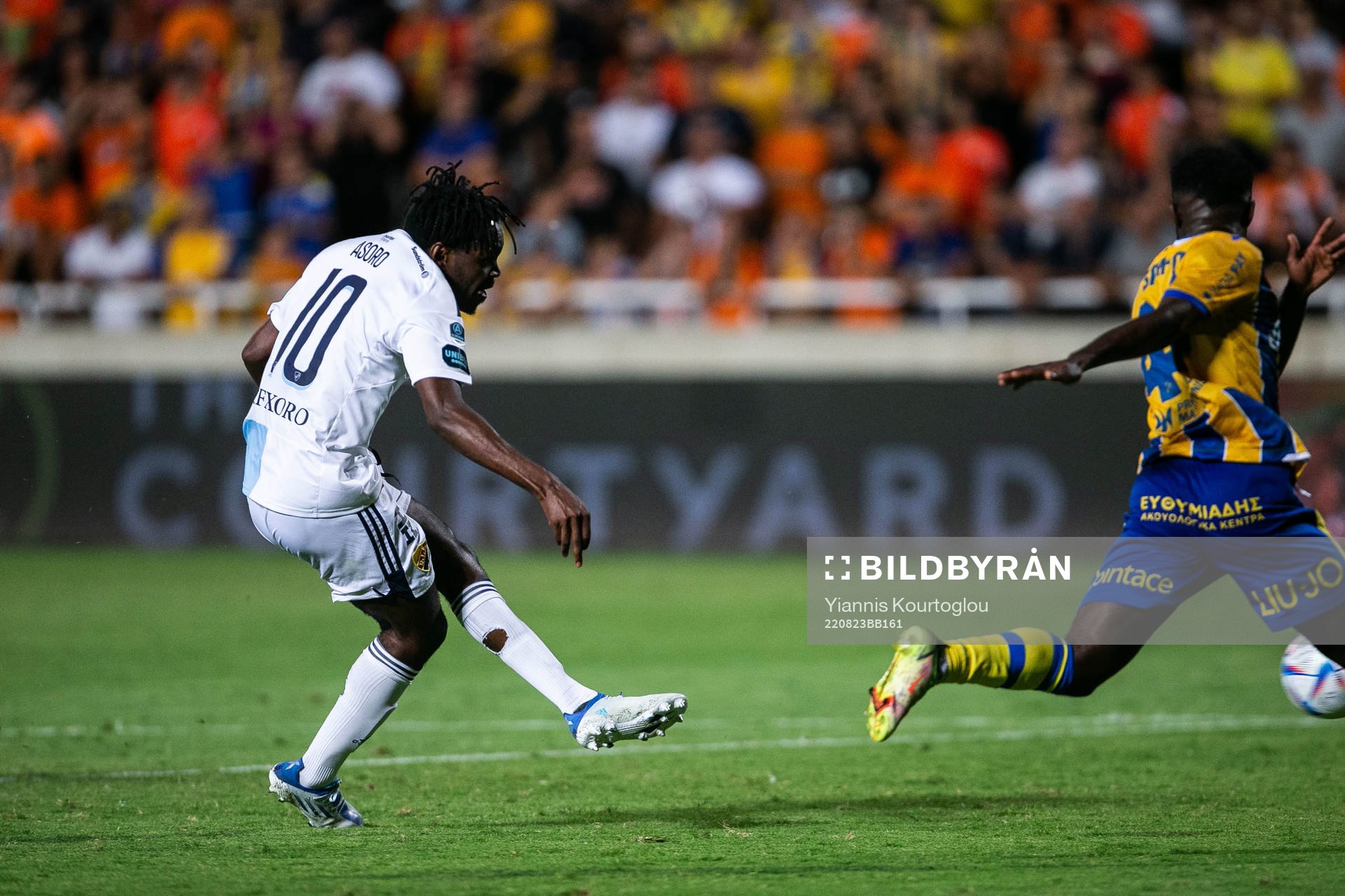 Joel Asoro of Djurgården during the UEFA Conference League playoff match between Apoel and Djurgården on August 23, 2022 in Strovolos.