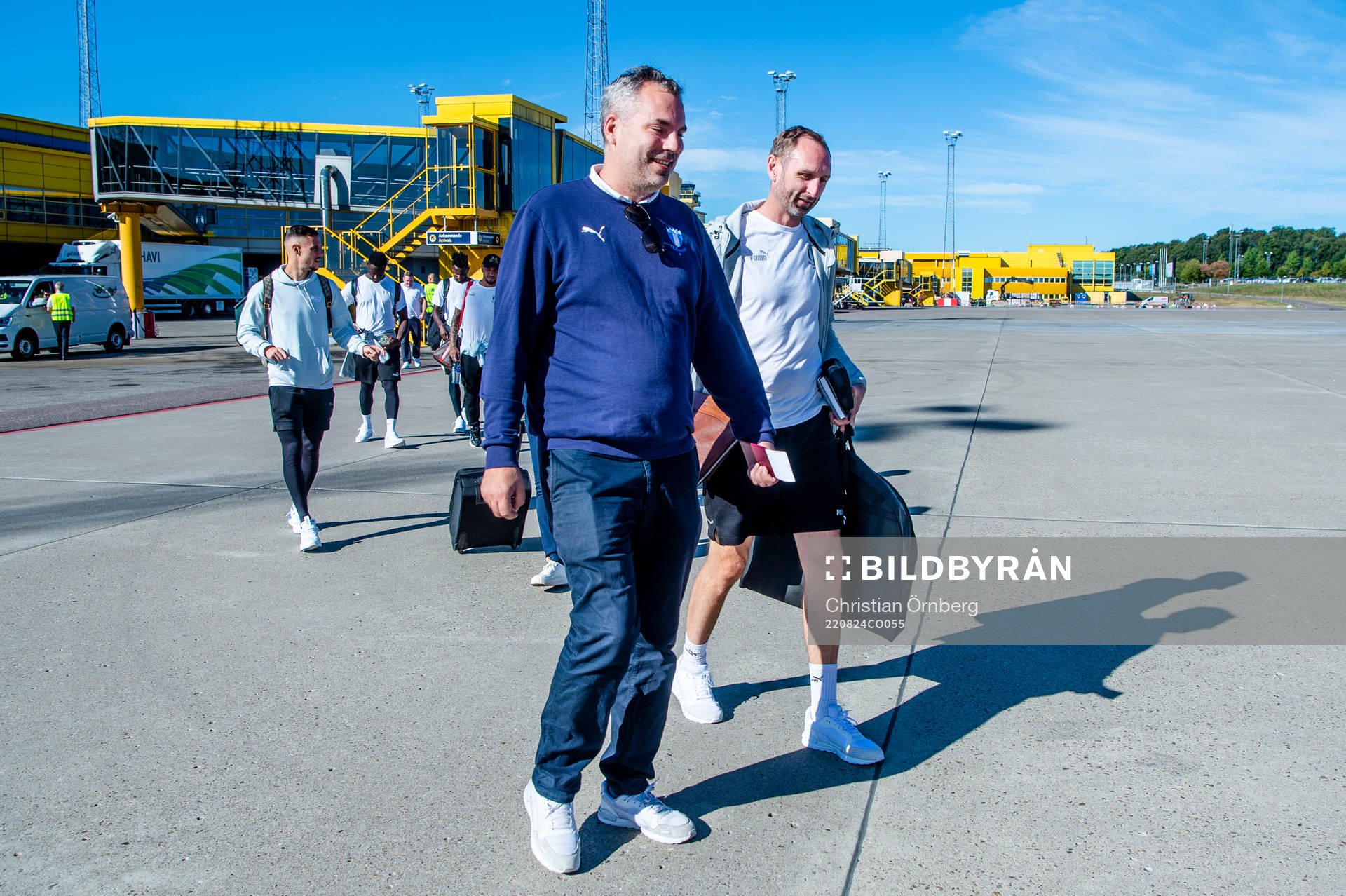 Pierre Nordberg and head coach Andreas Georgson of Malmö FF during the team travel from Malmö to Sivas ahead of Europa League Play-off match on August 24, 2022 in Malmö.