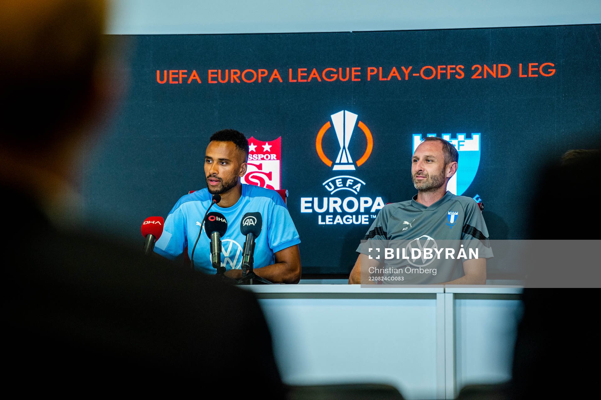 Isaac Kiese Thelin and head coach and sport director Andreas Georgson during a press conference with Malmö FF on August 24, 2022 in Sivas.