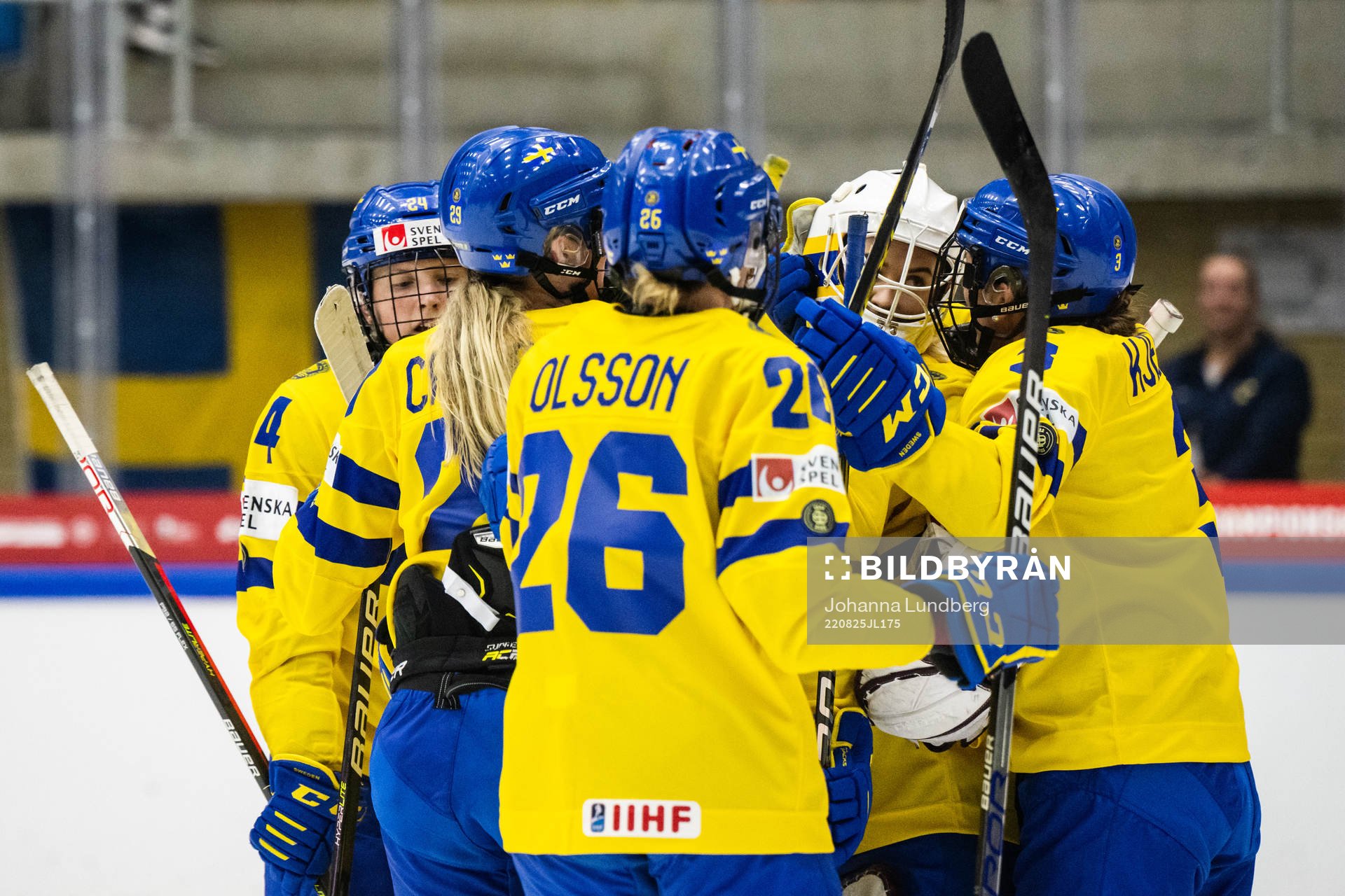 Players of Sweden celebrate with goaltender Emma Söderberg
