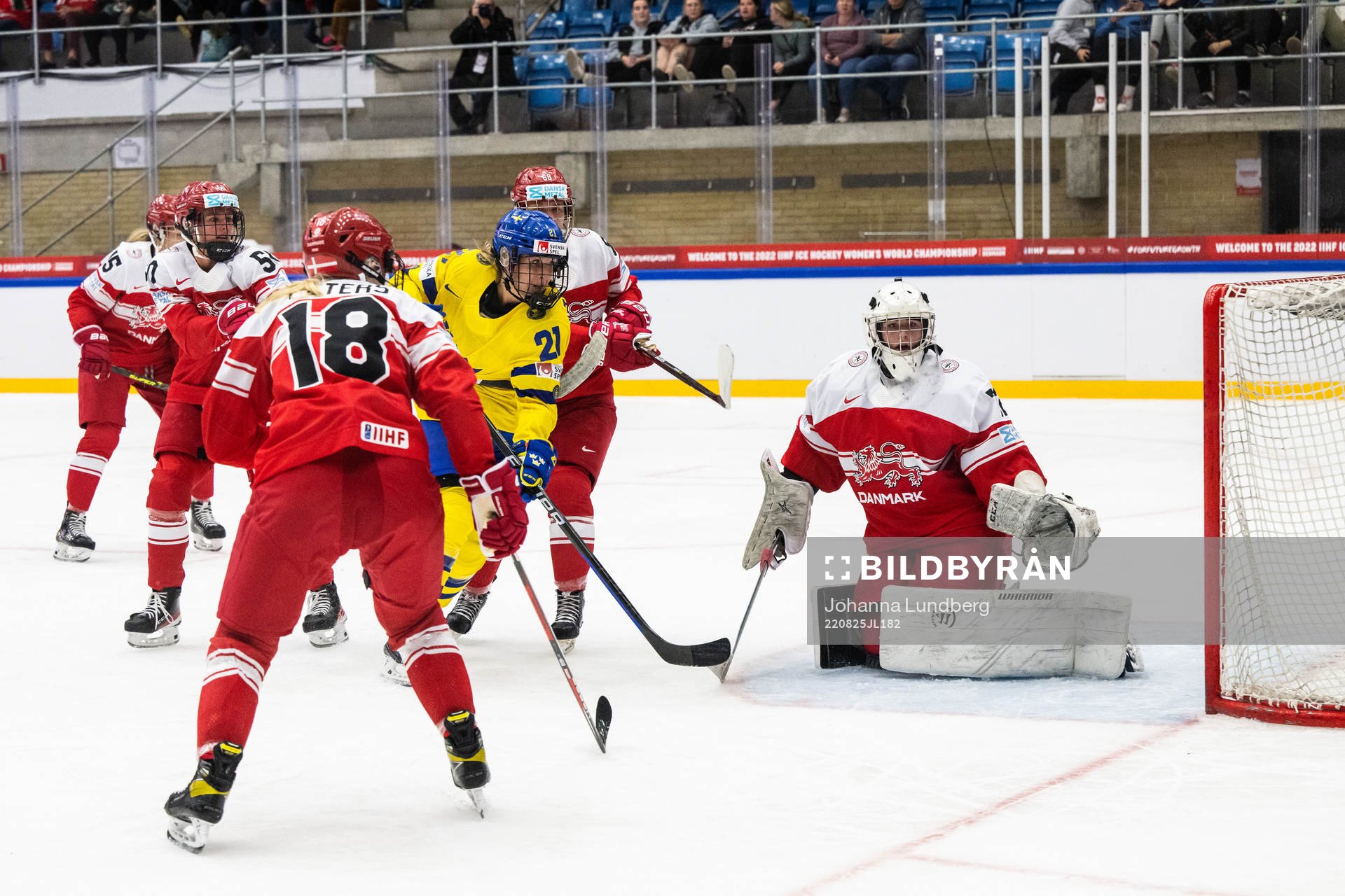 Celine Tedenby of Sweden and goaltender Cassandra