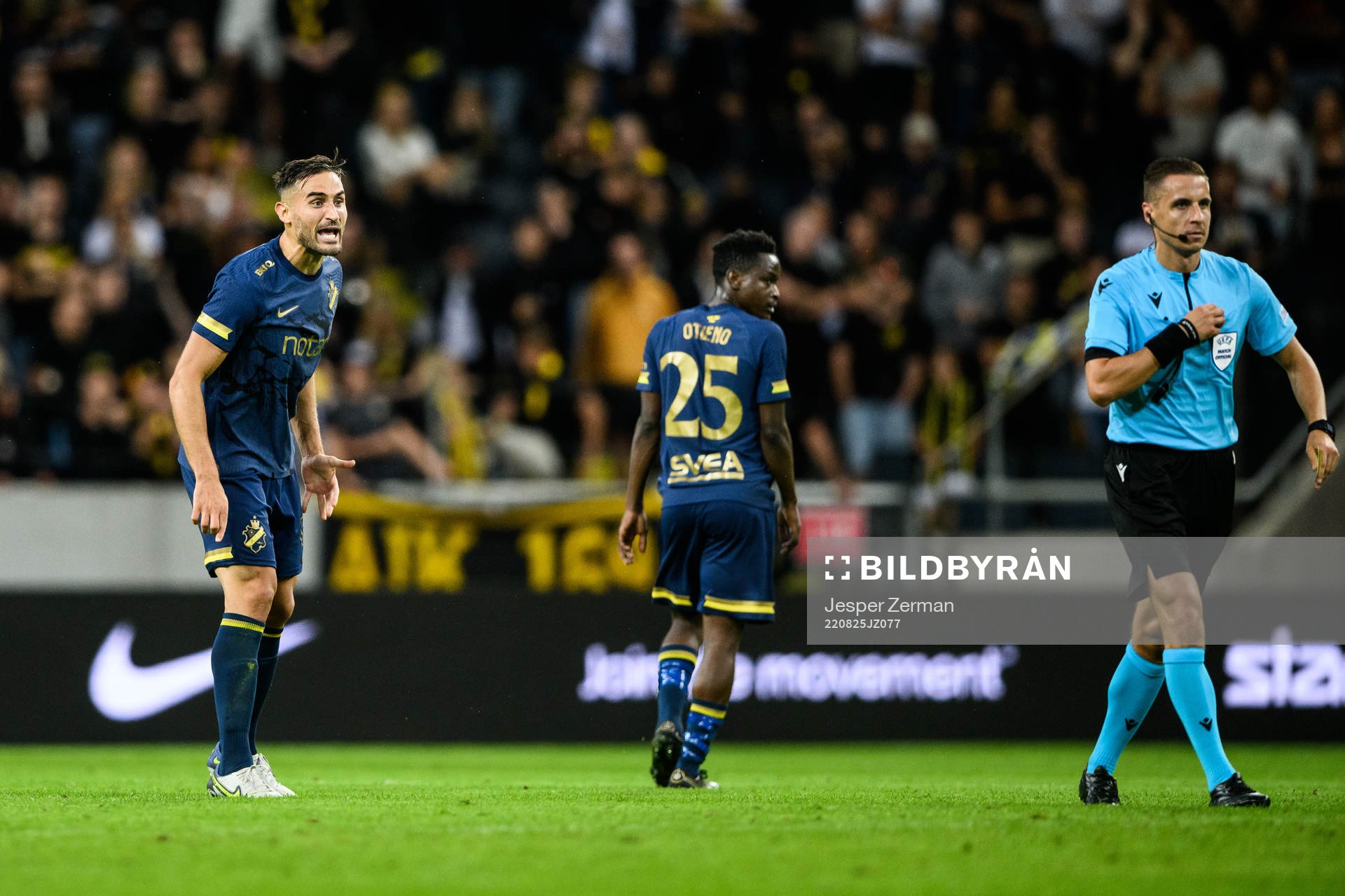 Sotirios Papagiannopoulos of AIK reacts towqrds referee