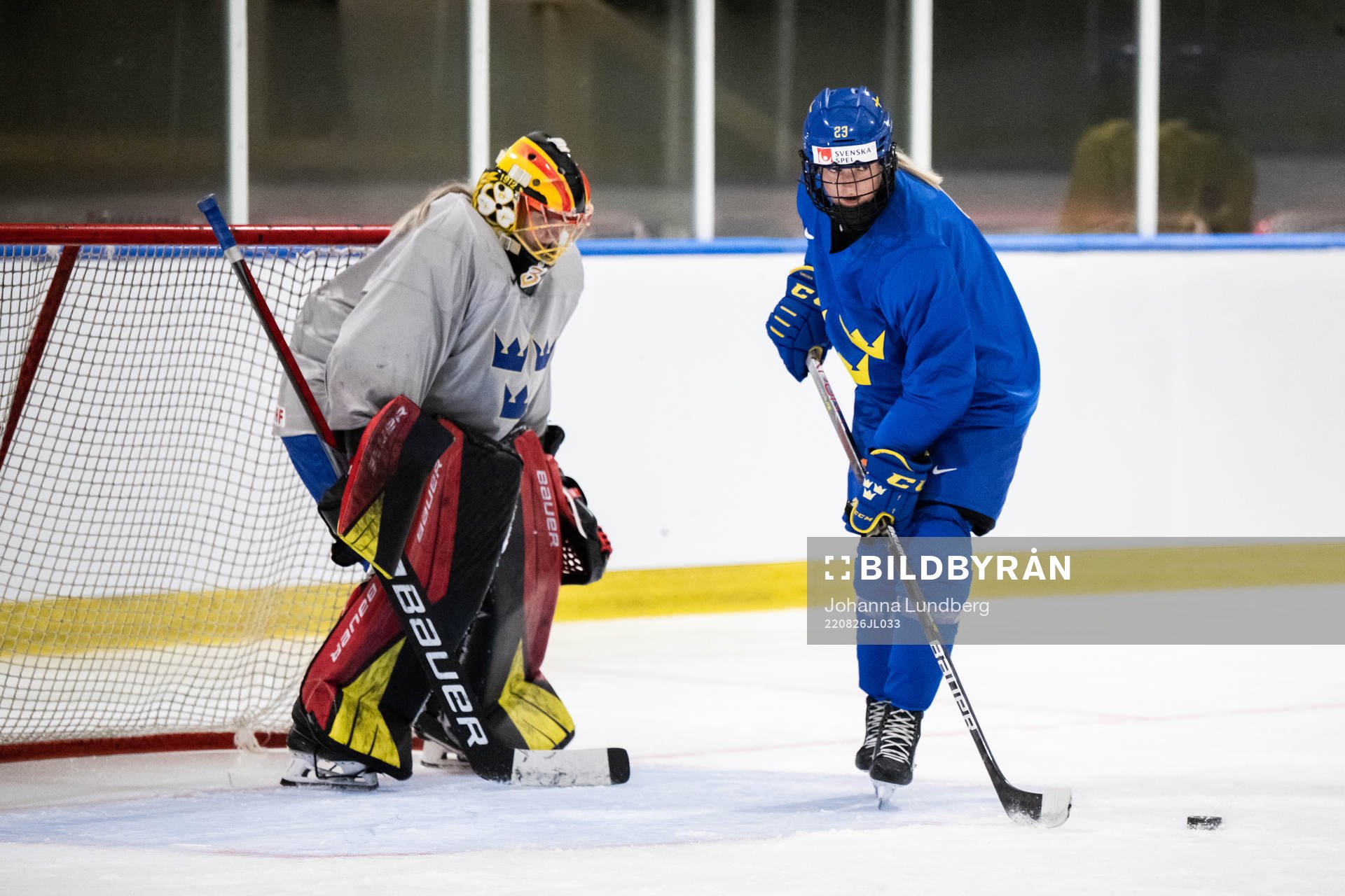 goaltender Ellen Jonsson and Thea Johansson of Sweden at a