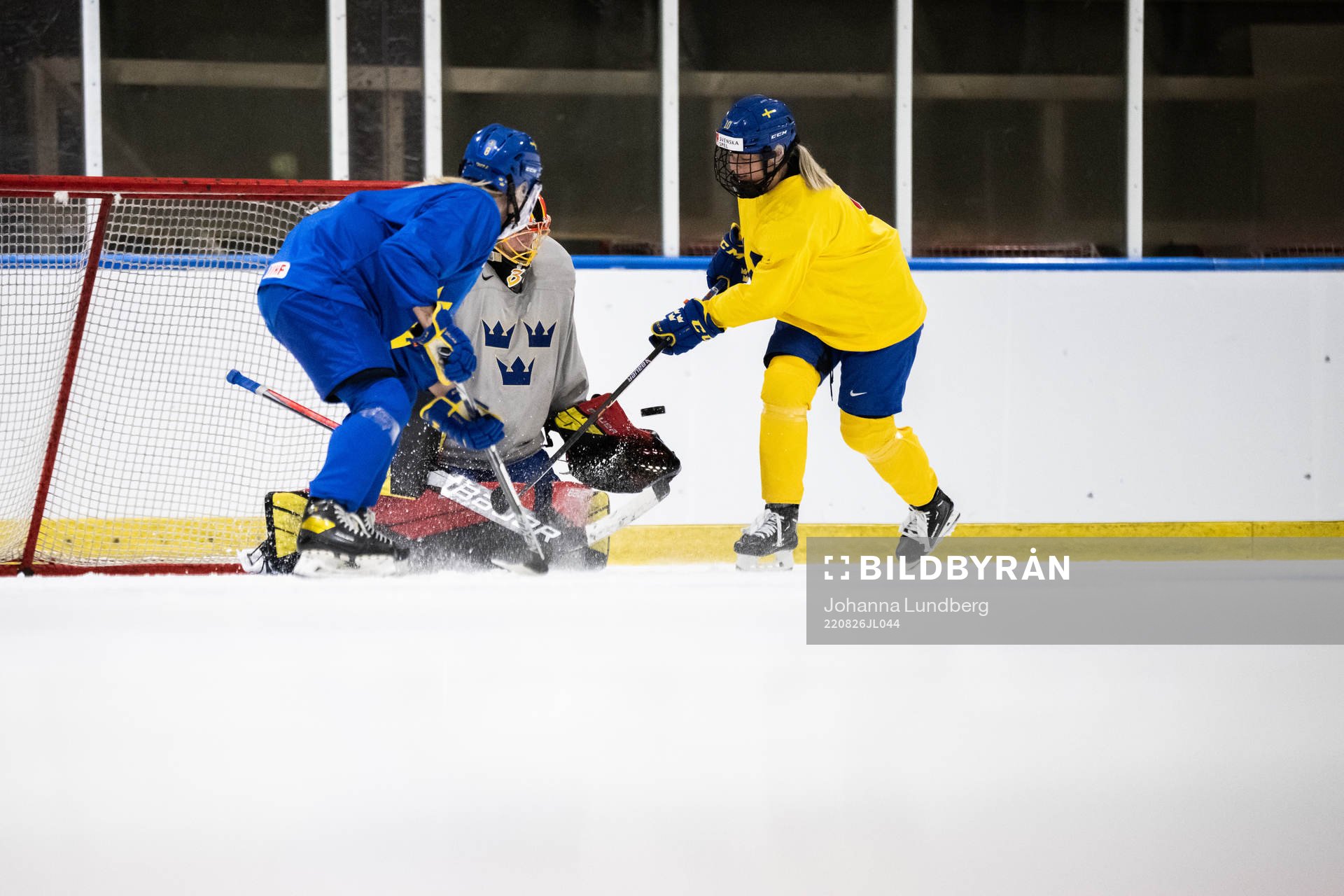goaltender Ellen Jonsson and Mina Waxin of Sweden at a