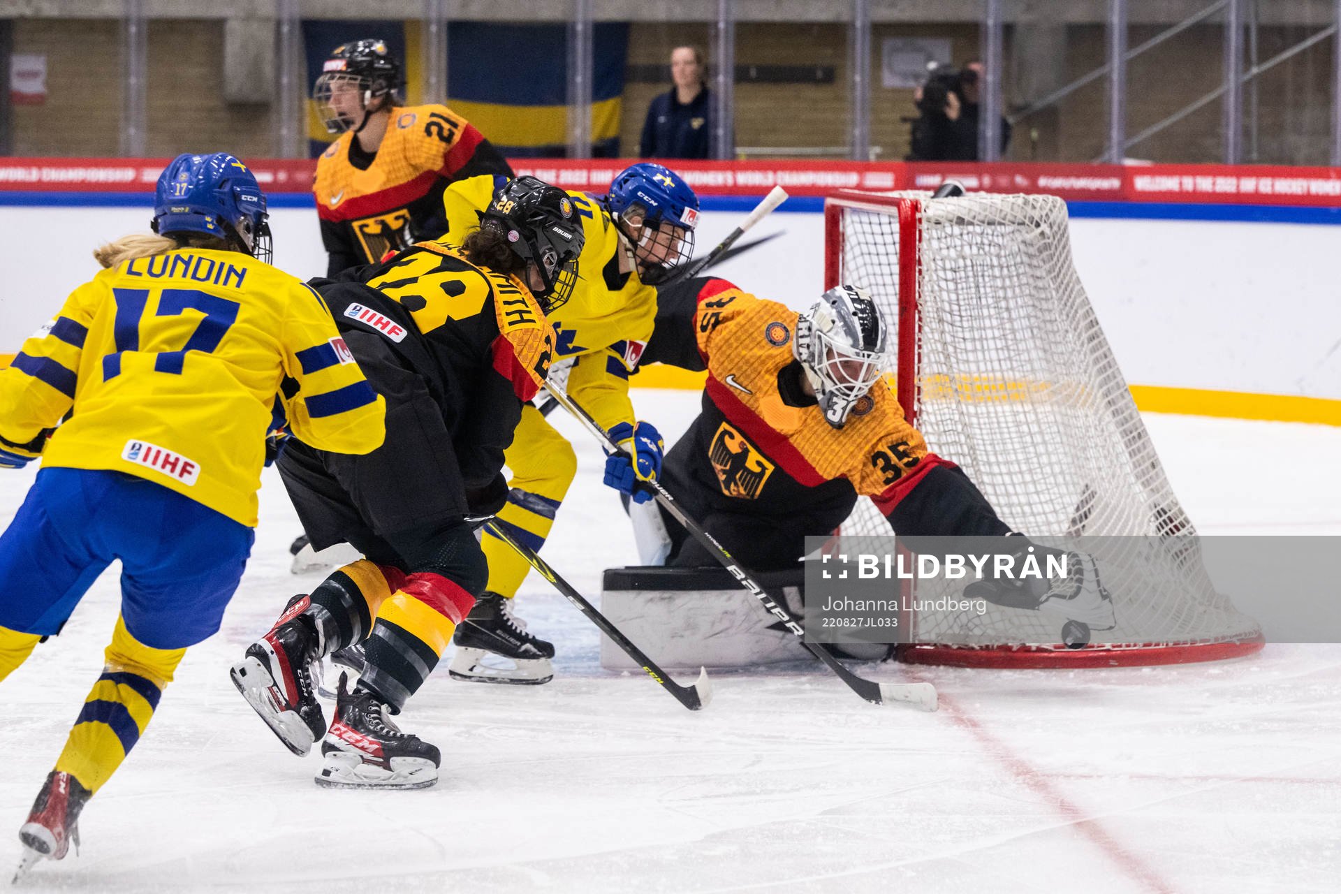Josefin Bouveng of Sweden and goaltender Sandra Abstreiter