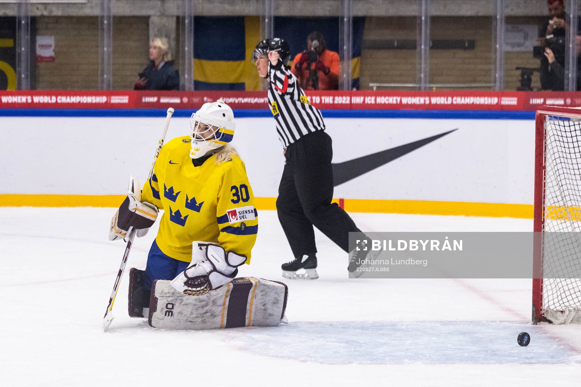 Goaltender Emma Söderberg of Sweden looks dejected