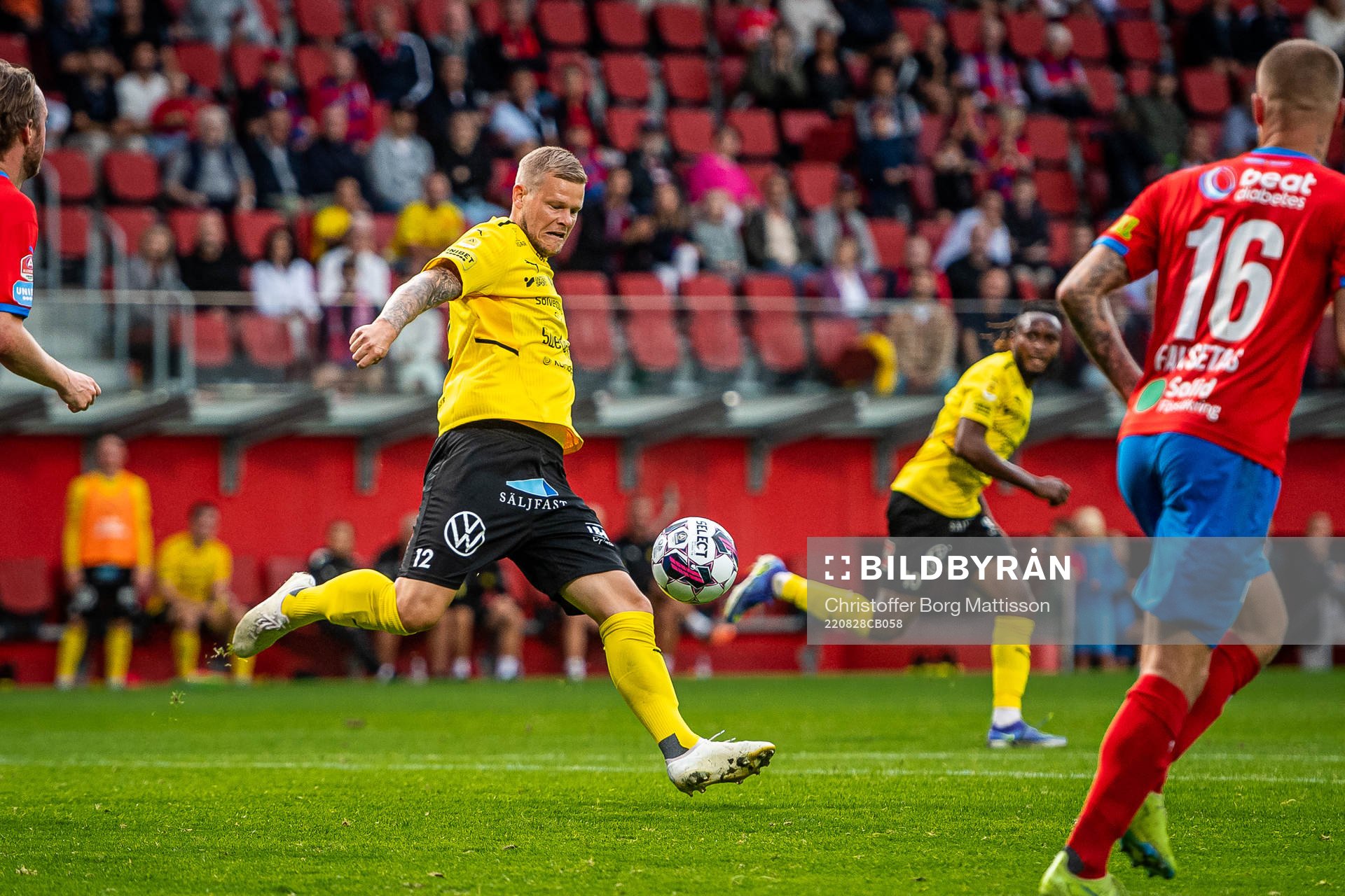Mjällbys David Löfquist under fotbollsmatchen i Allsvenskan mellan Helsingborg och Mjällby den 28 augusti 2022 i Helsingborg. 