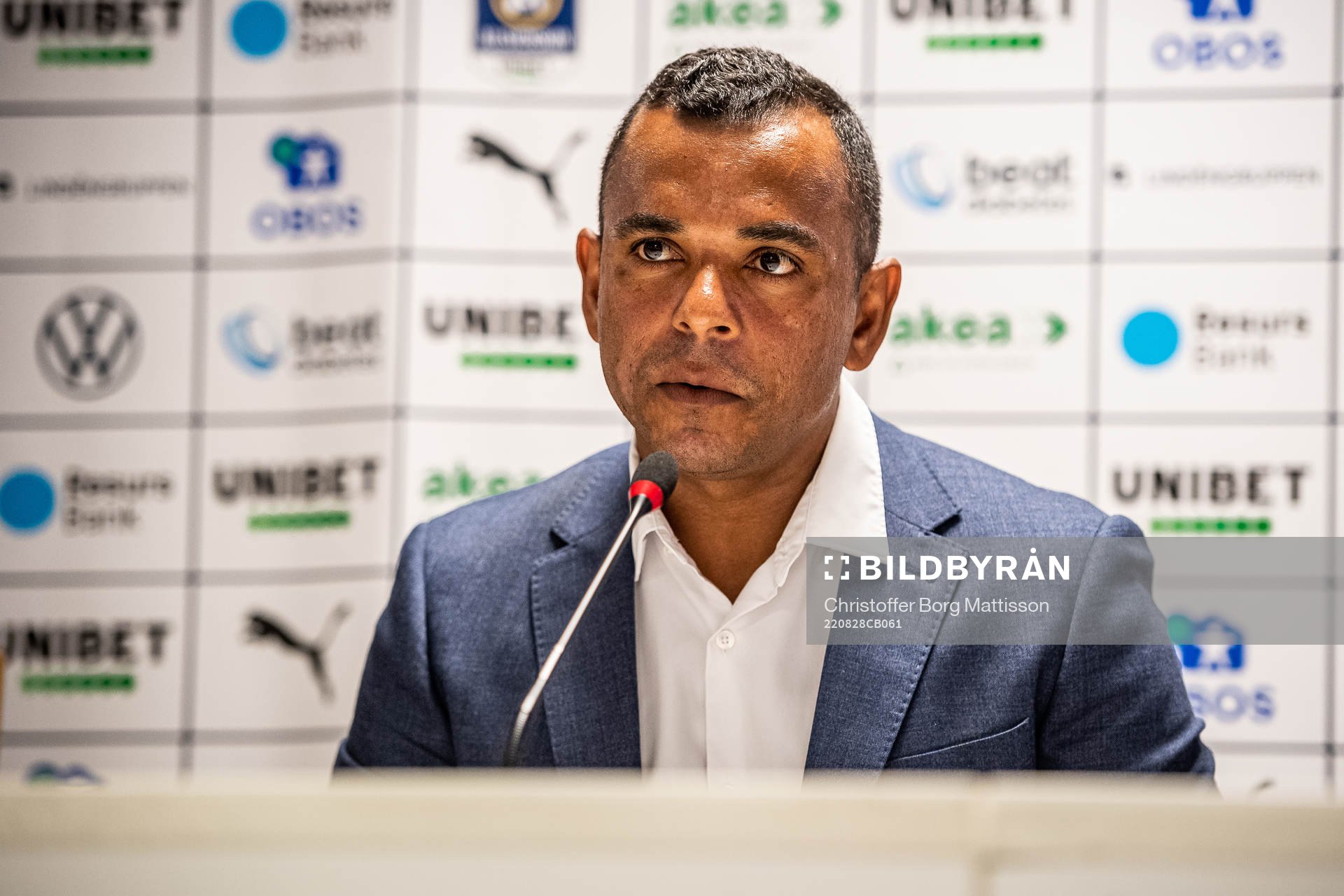 Helsingborgs tränare Alvaro Santos under en presskonferens efter fotbollsmatchen i Allsvenskan mellan Helsingborg och Mjällby den 28 augusti 2022 i Helsingborg.