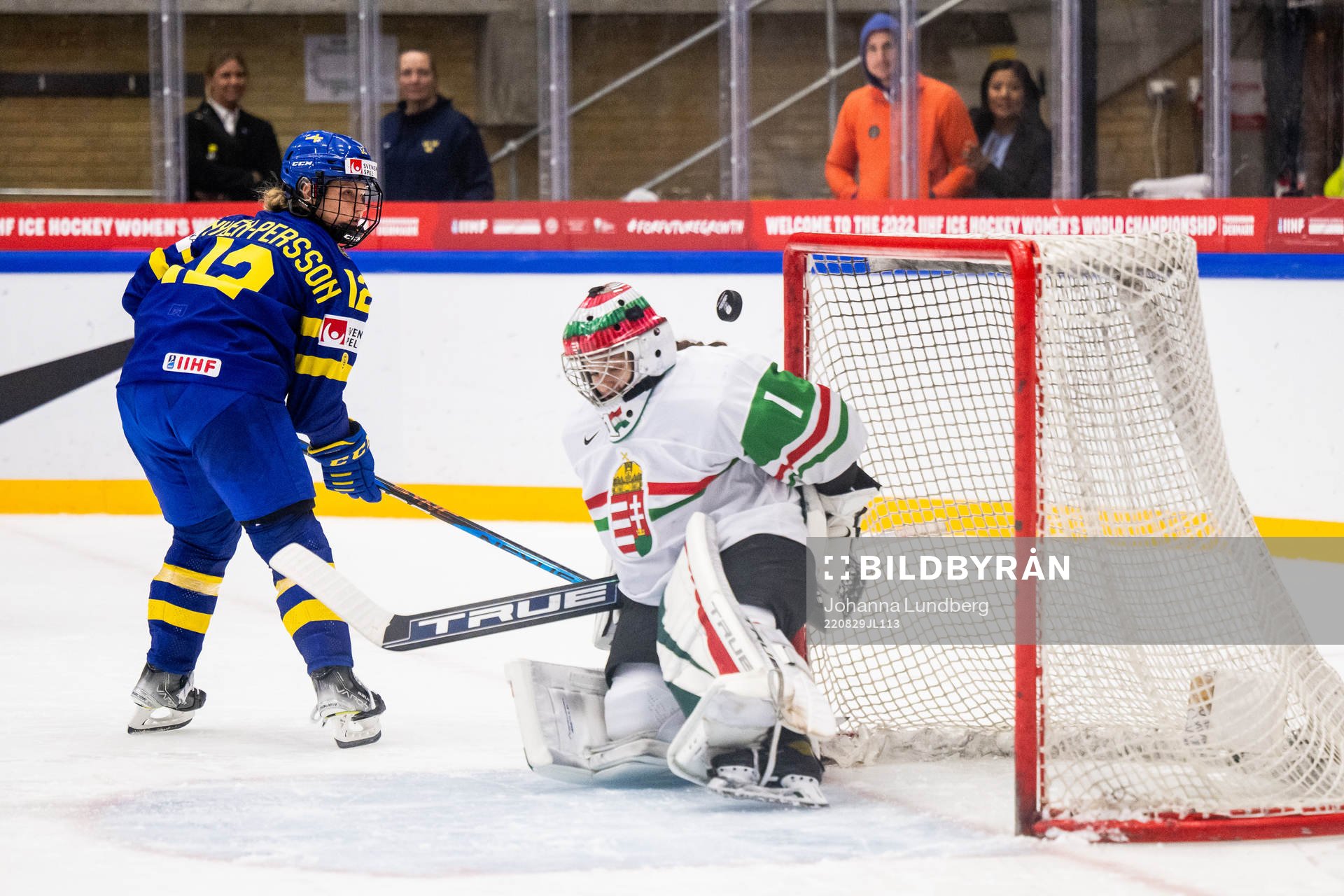 Maja Nylén-Persson of Sweden and goaltender Aniko Nemeth