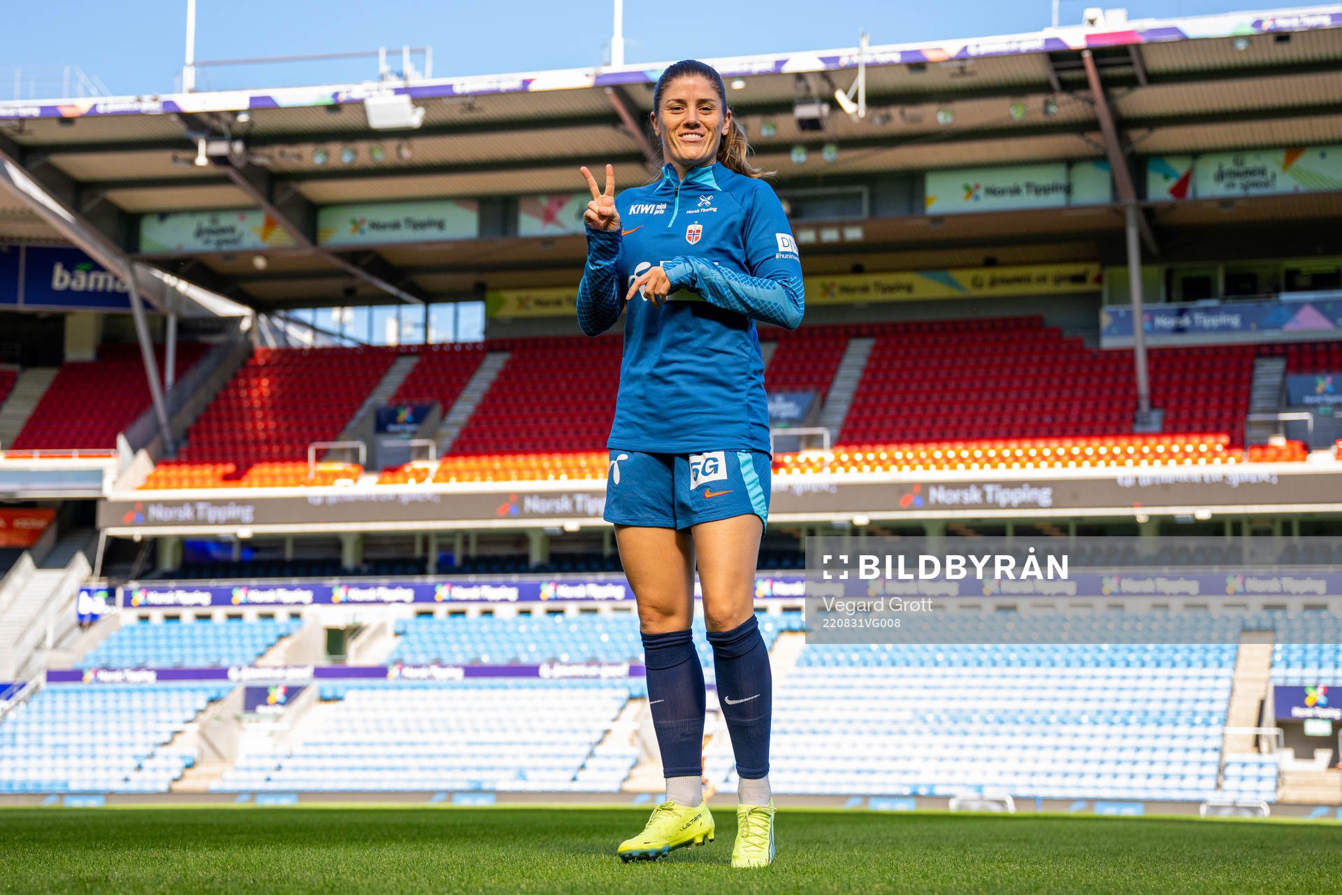 Maren Mjelde of the Norwegian women's national football team during a training session on August 31, 2022 in Oslo. 