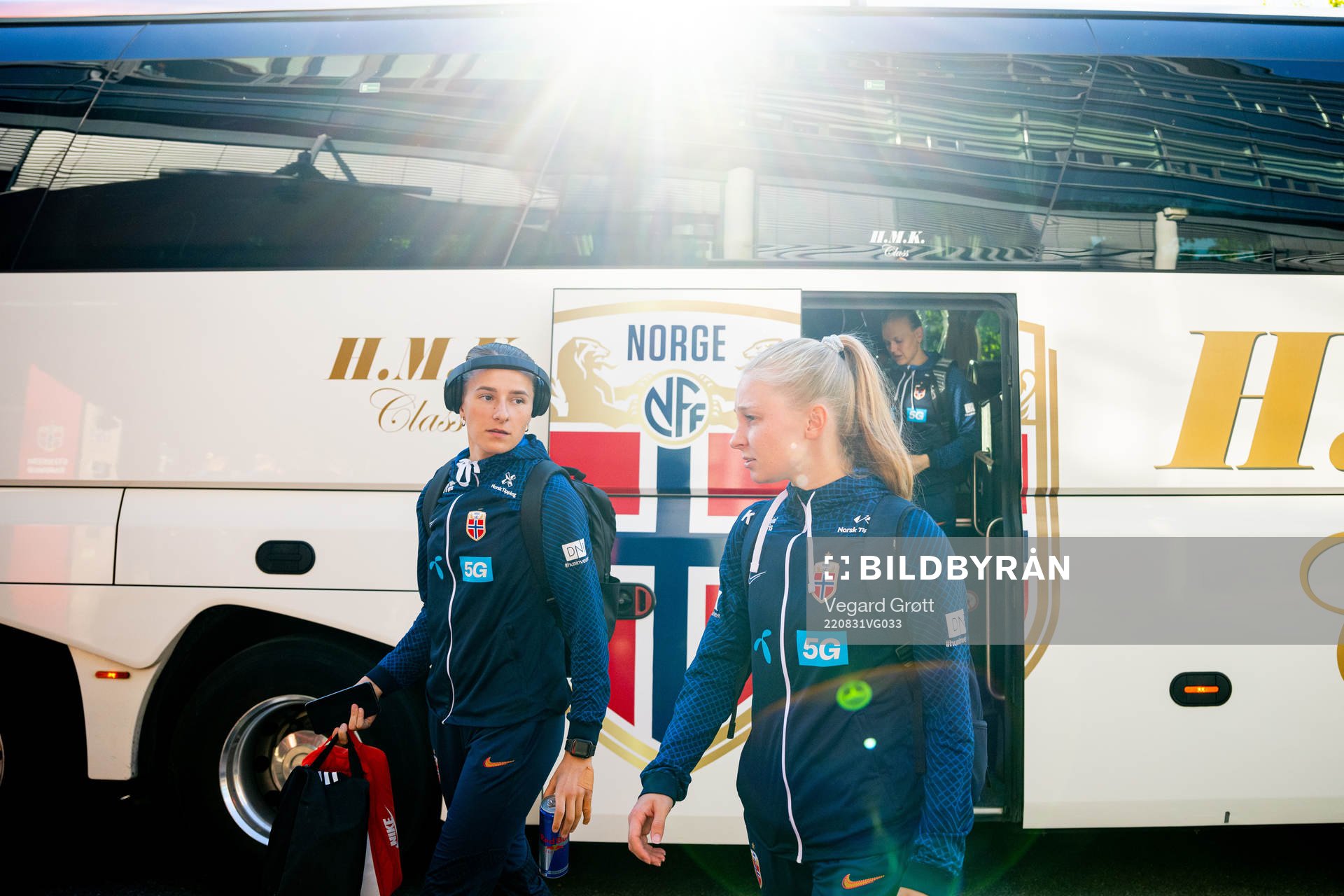 Goalkeeper Rugile Maria Rulyte and Emilie Marie Joramo of the Norwegian women's national football team ahead of a training session on August 31, 2022 in Oslo.