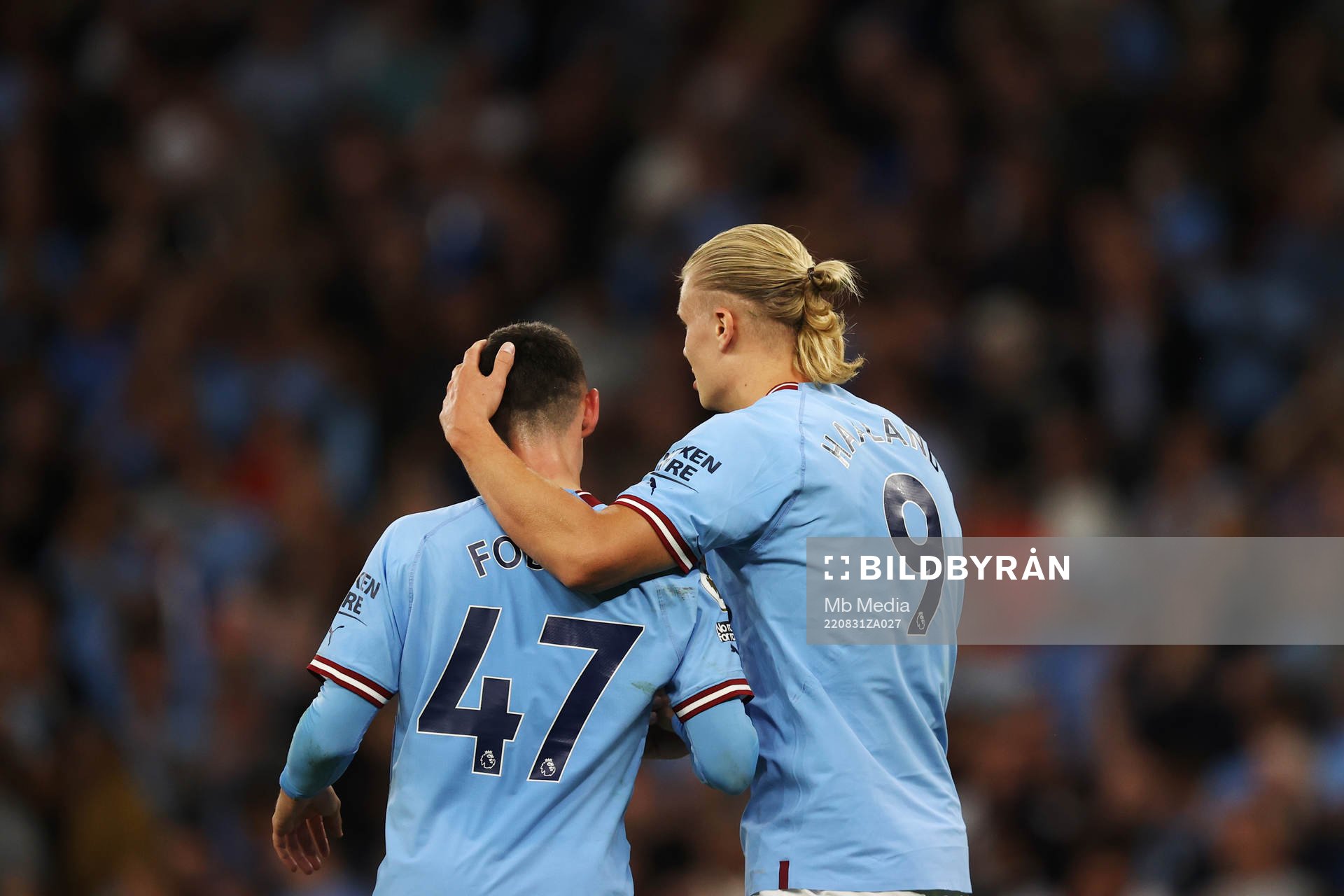 Phil Foden and Erling Braut Haaland of Manchester City during the Premier League match between Manchester City and Nottingham Forest on August 31 2022 in Manchester.