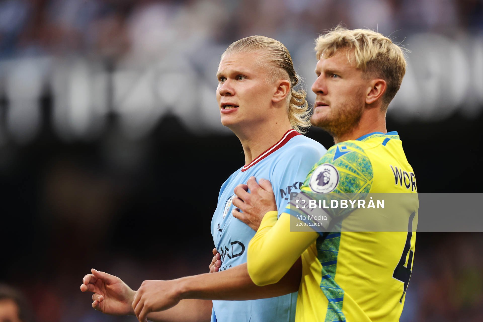 Erling Braut Haaland of Manchester City and Joe Worrall of
