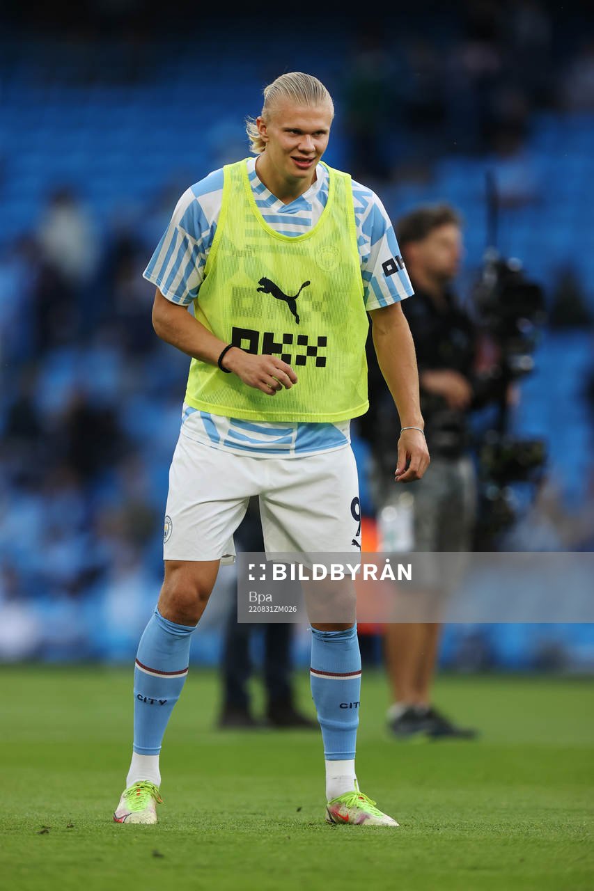 Erling Braut Haaland of Manchester City before the Premier League match between Manchester City and Nottingham Forest on August 31 2022 in Manchester.