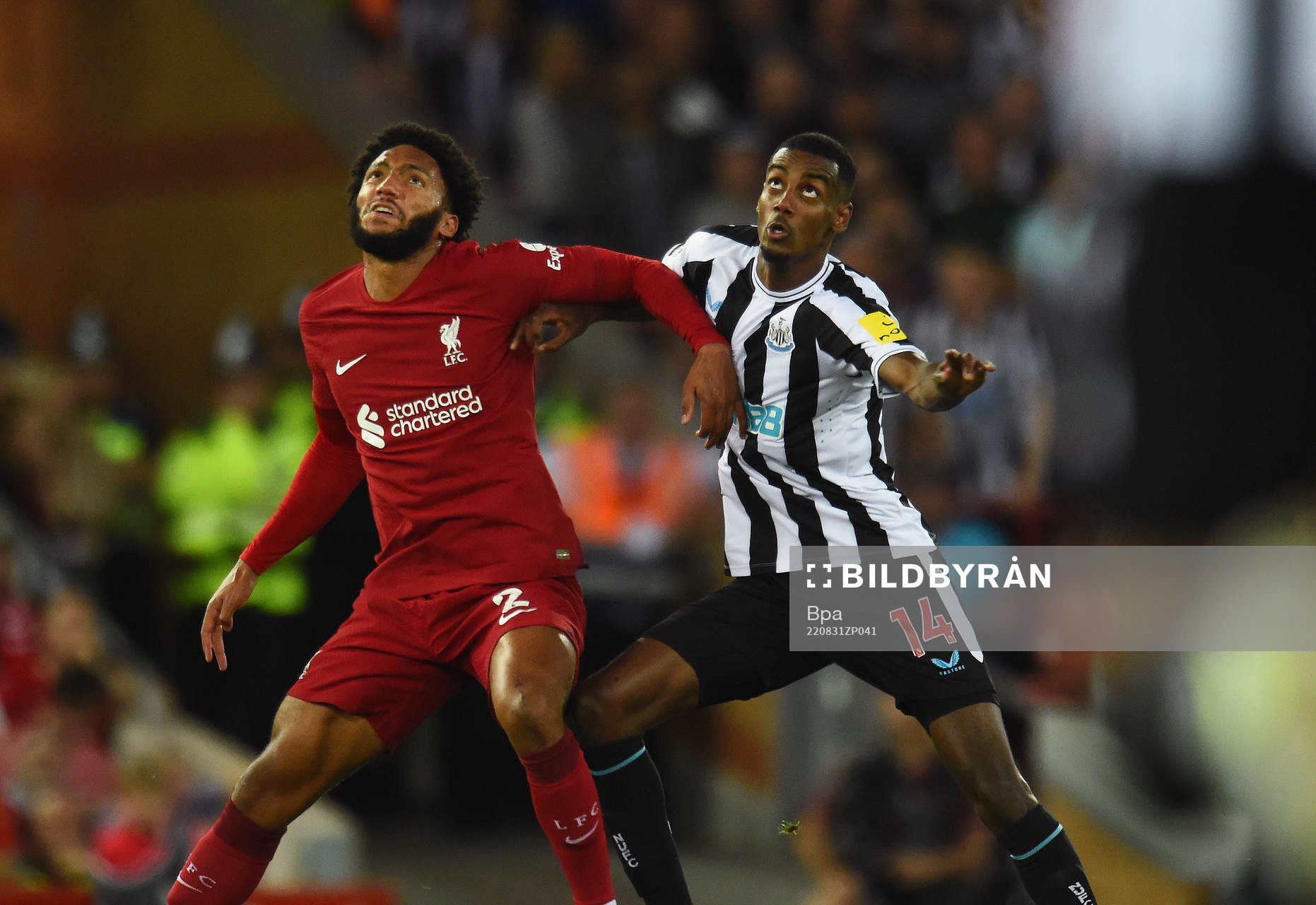 Joe Gomez of Liverpool and Alexander Isak of Newcastle United during the Premier League match between Liverpool and Newcastle United on August 31 2022 in Liverpool.