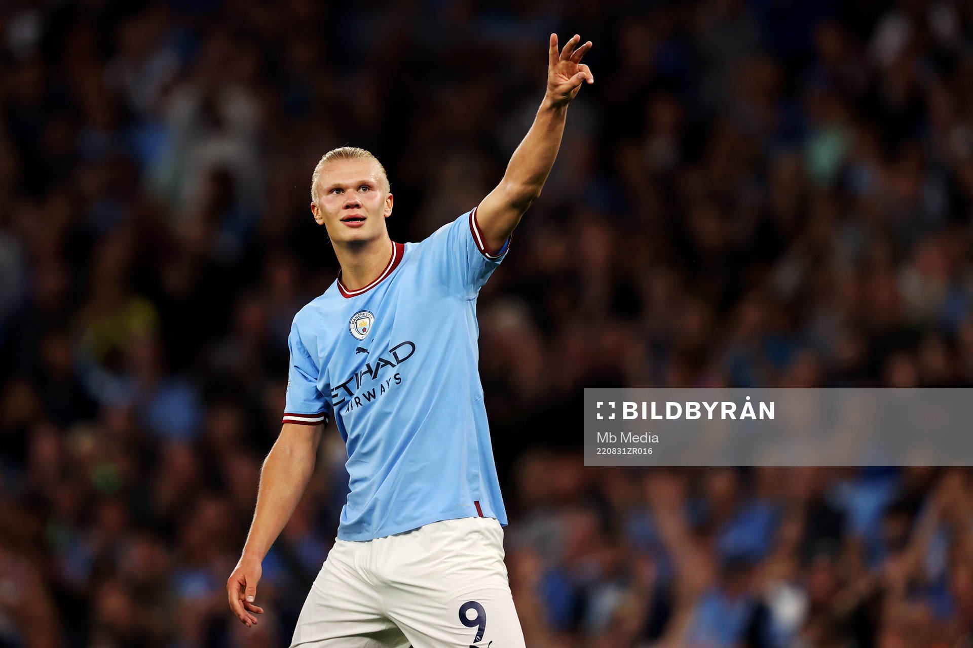 Erling Braut Haaland of Manchester City celebrates during the Premier League match between Manchester City and Nottingham Forest on August 31 2022 in Manchester.