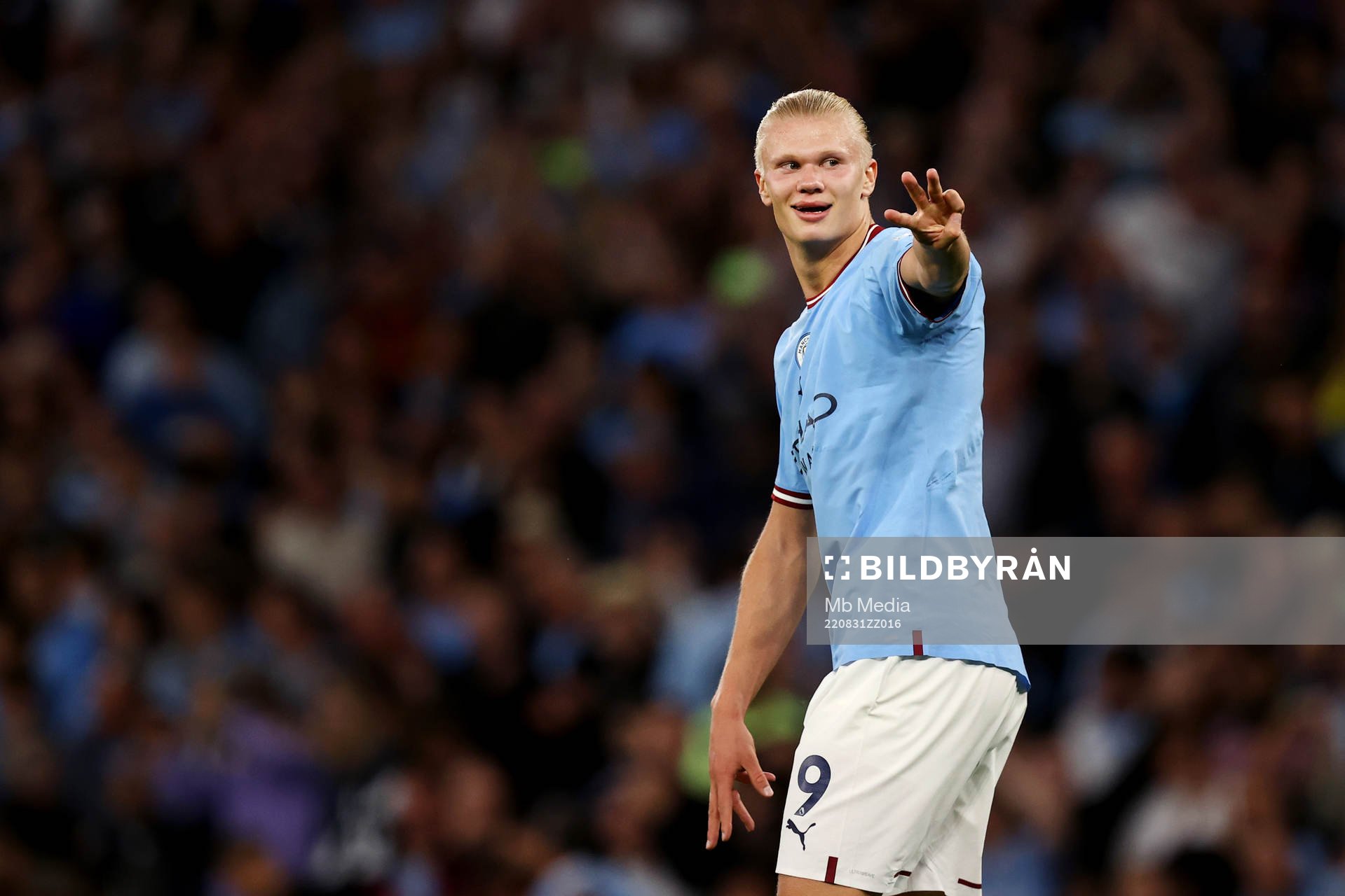 Erling Braut Haaland of Manchester City celebrates during the Premier League match between Manchester City and Nottingham Forest on August 31 2022 in Manchester.