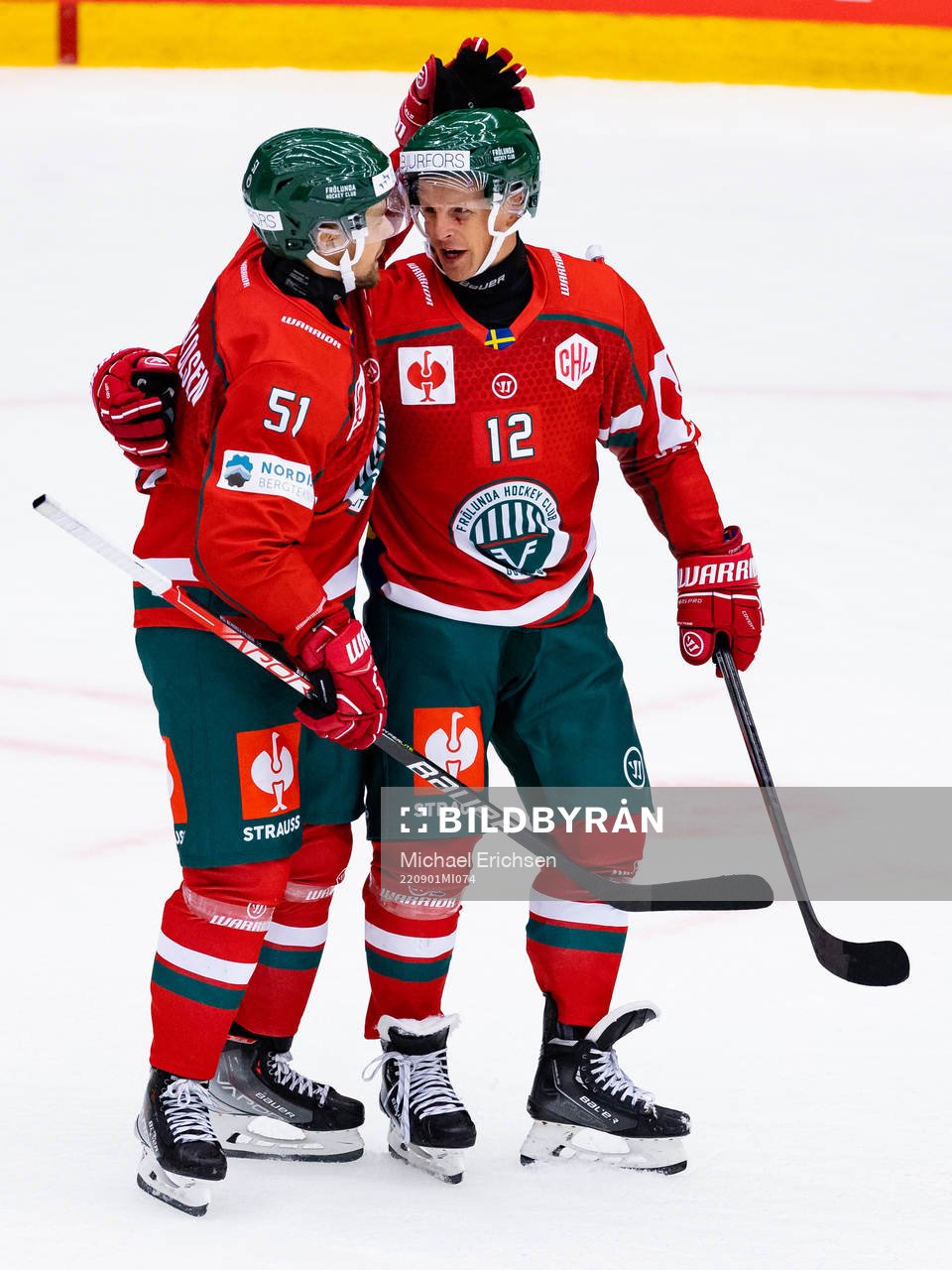 Max Friberg of Frölunda celebrates scoring 5-0 with team