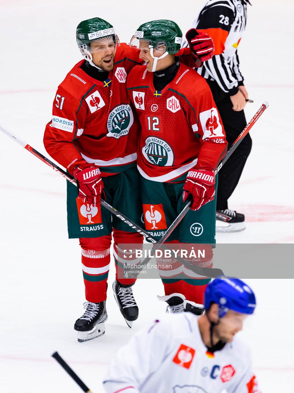Max Friberg of Frölunda celebrates scoring 5-0 with team