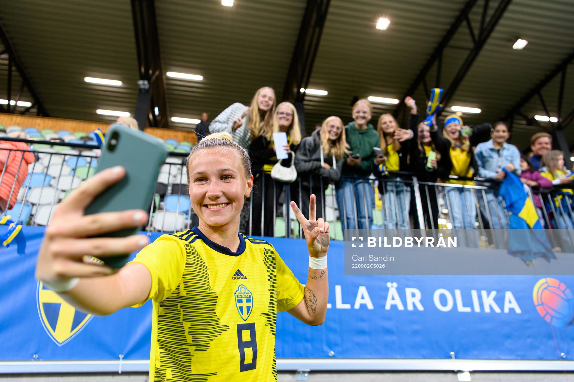Marika Bergman Lundin of Sweden takes pictures with the supporters after the international friendly U23 football match between Sweden and Belgium on September 2, 2022 in Jönköping.