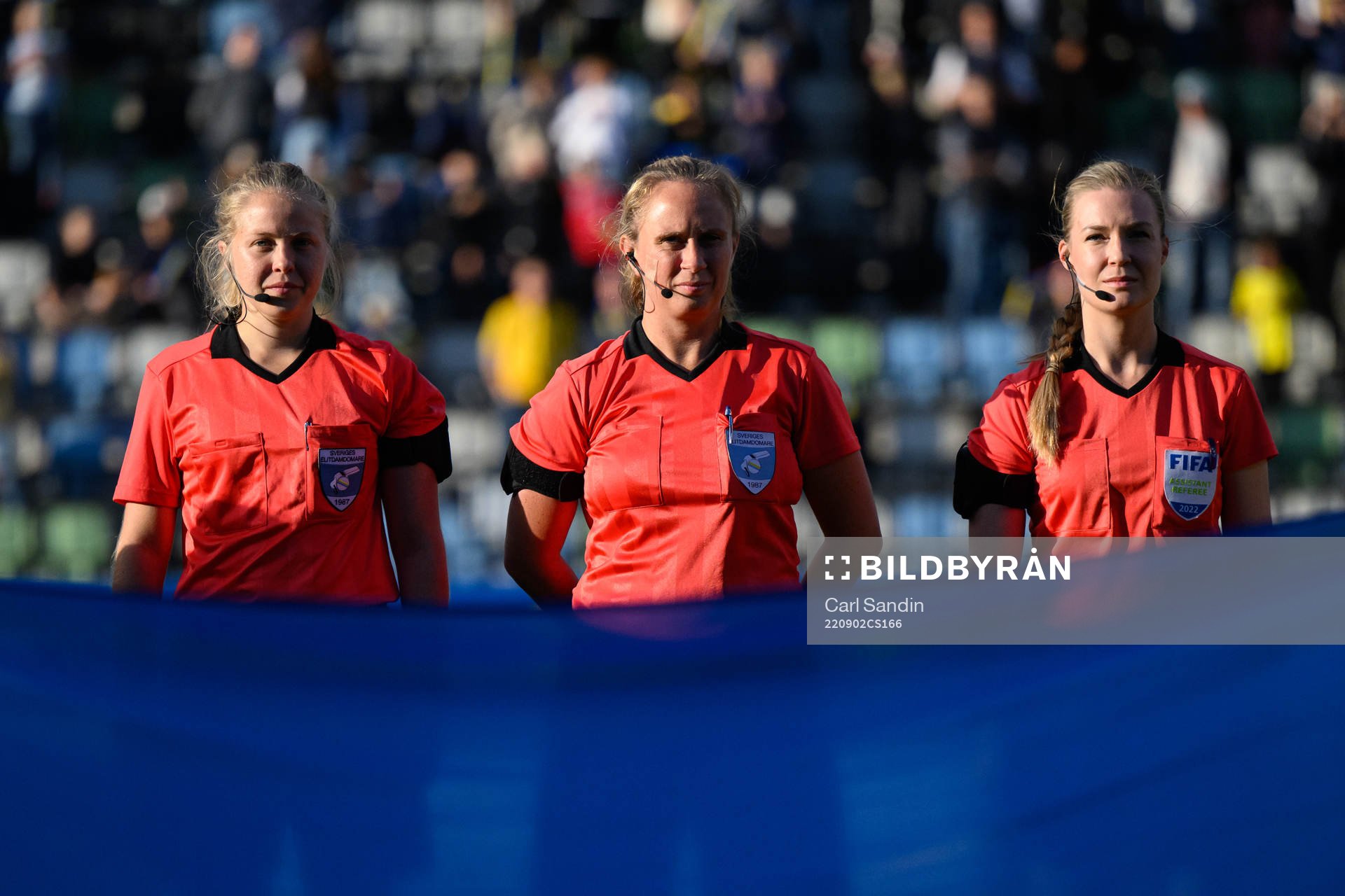 Referees Josefine Bastås, Sandra Almqvist and Camilla Stendahl at lineup ahead of the international friendly U23 football match between Sweden and Belgium on September 2, 2022 in Jönköping.