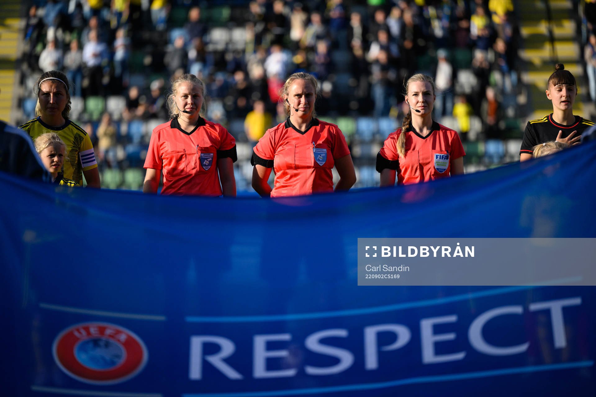 Referees Josefine Bastås, Sandra Almqvist and Camilla Stendahl at lineup ahead of the international friendly U23 football match between Sweden and Belgium on September 2, 2022 in Jönköping.