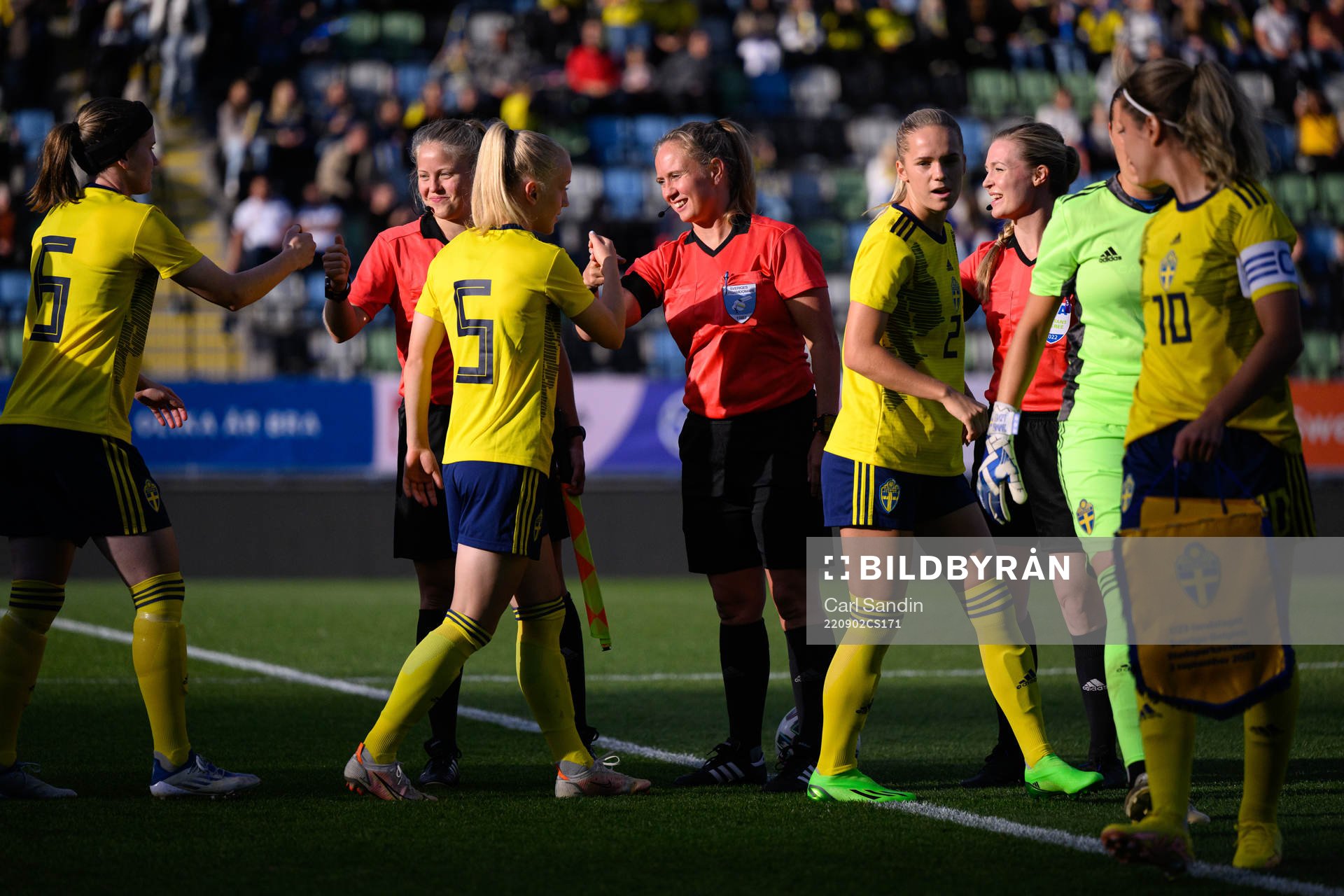 Referees Josefine Bastås, Sandra Almqvist and Camilla Stendahl at lineup ahead of the international friendly U23 football match between Sweden and Belgium on September 2, 2022 in Jönköping.