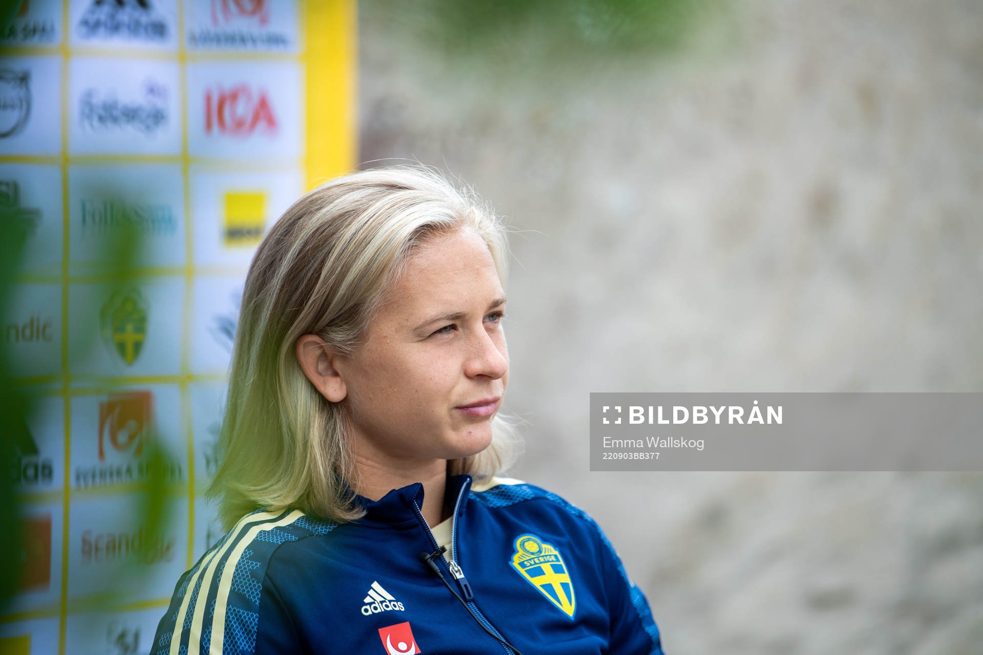 Filippa Curmark is interviewed by the media during a press event with the women's national football team of Sweden on September 3, 2022 in Visby. 