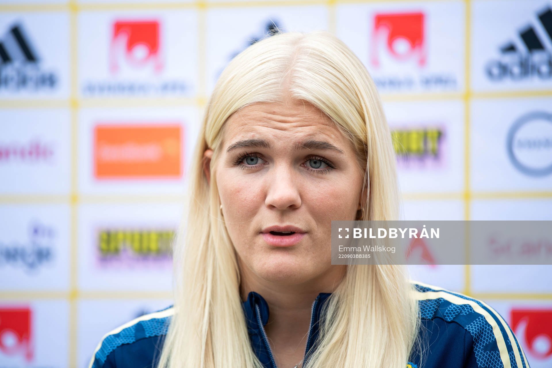 Goalkeeper Emma Holmgren is interviewed by the media